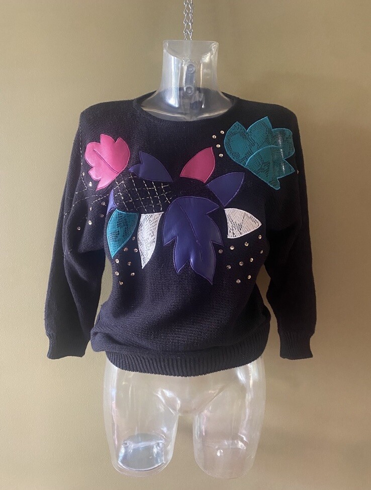 Vtg 80s Black Leather Embroidered Beaded Bedazzled Knit Sweater Size M
