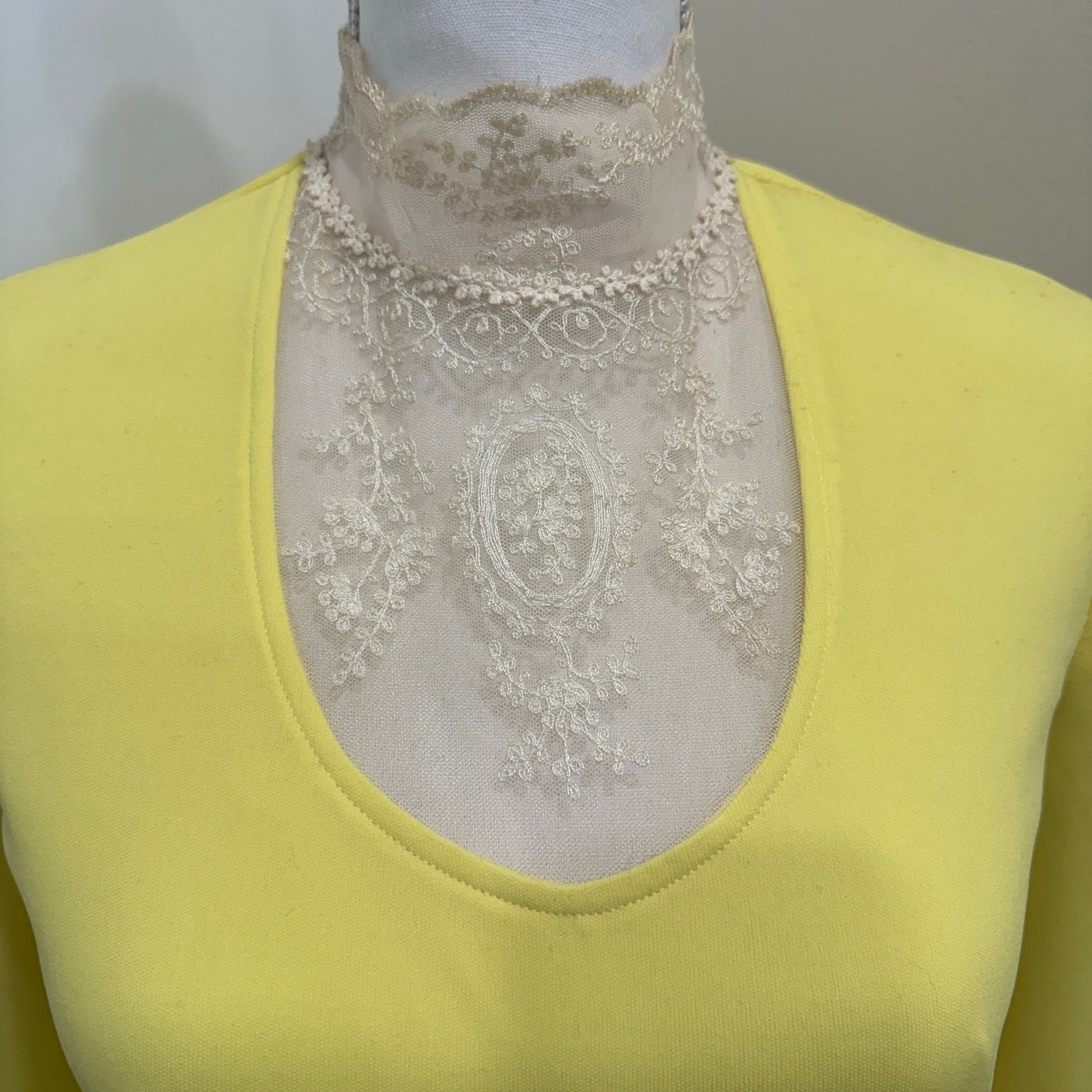 Vintage 1970s Victorian Edwardian Revival Yellow Lace Neck Maxi Dress Costume XS