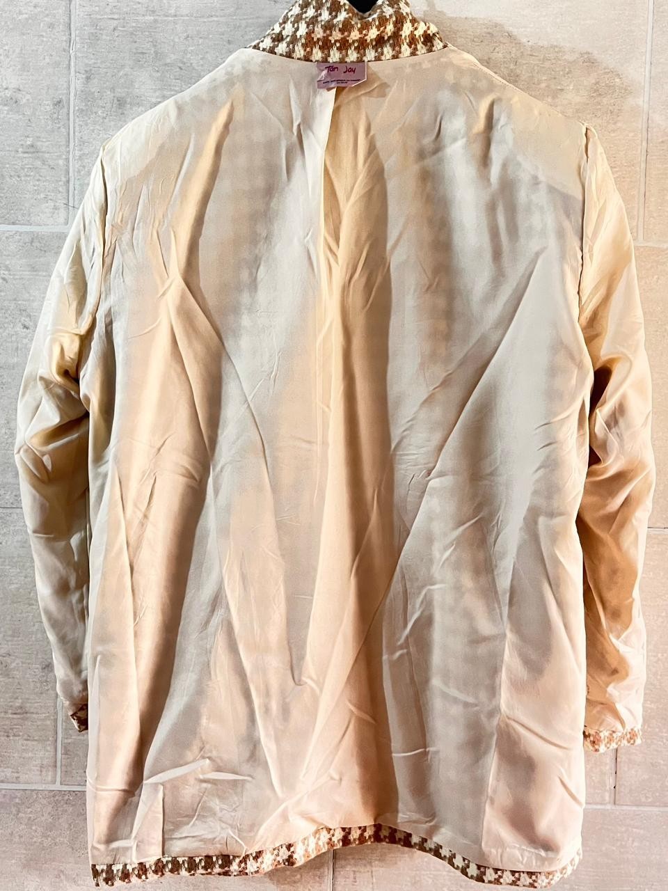 Vintage Tan Jay Women’s Brown and Beige Houndstooth Tweed Blazer size UK 18