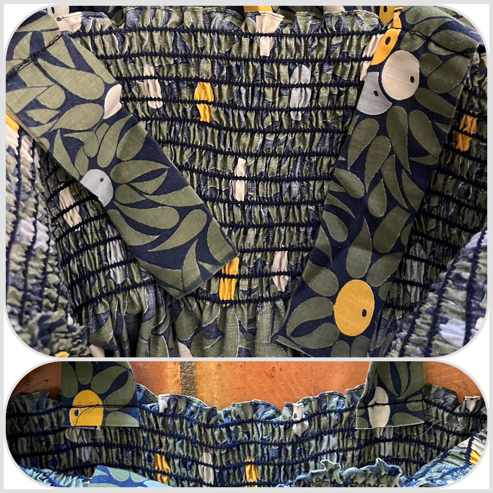 1970s Olive Print Smocked Maxi Dress Cotton Blend Hostess Resort Sundress OS VTG