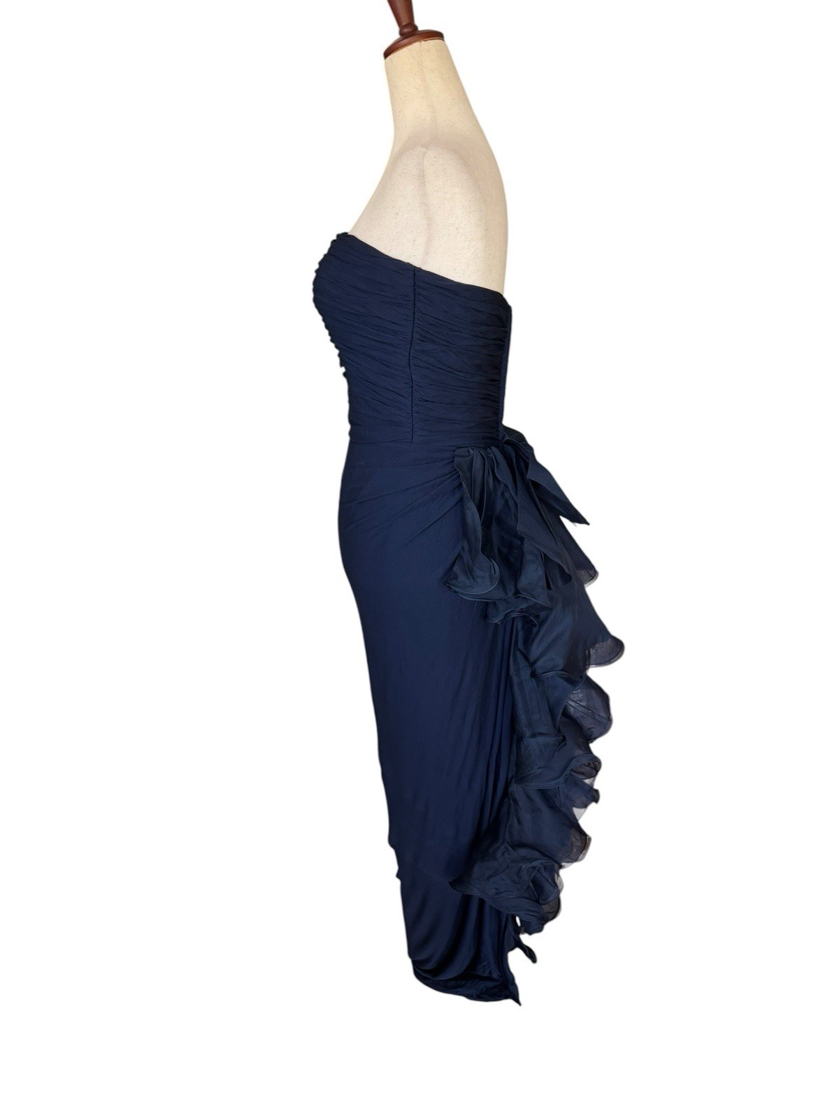 Vintage 70s 80s Jill Richards Strapless Navy Ruffle Bow Maxi Evening Dress Gown