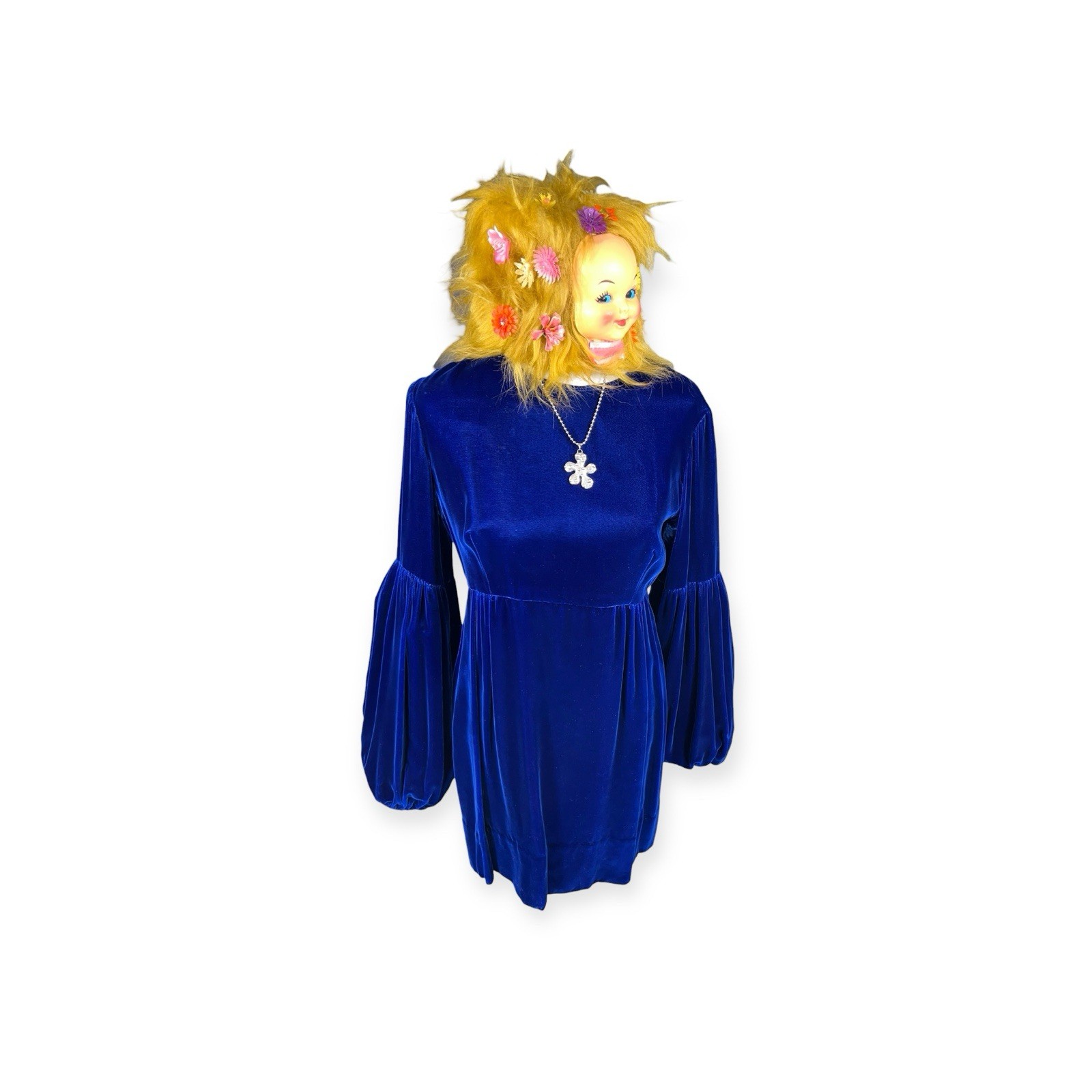 VTG 1960s BLUE VELVET DRESS GIGOT PUFF RENAISSANCE Whimsigoth MOD HIPPIE BOHO