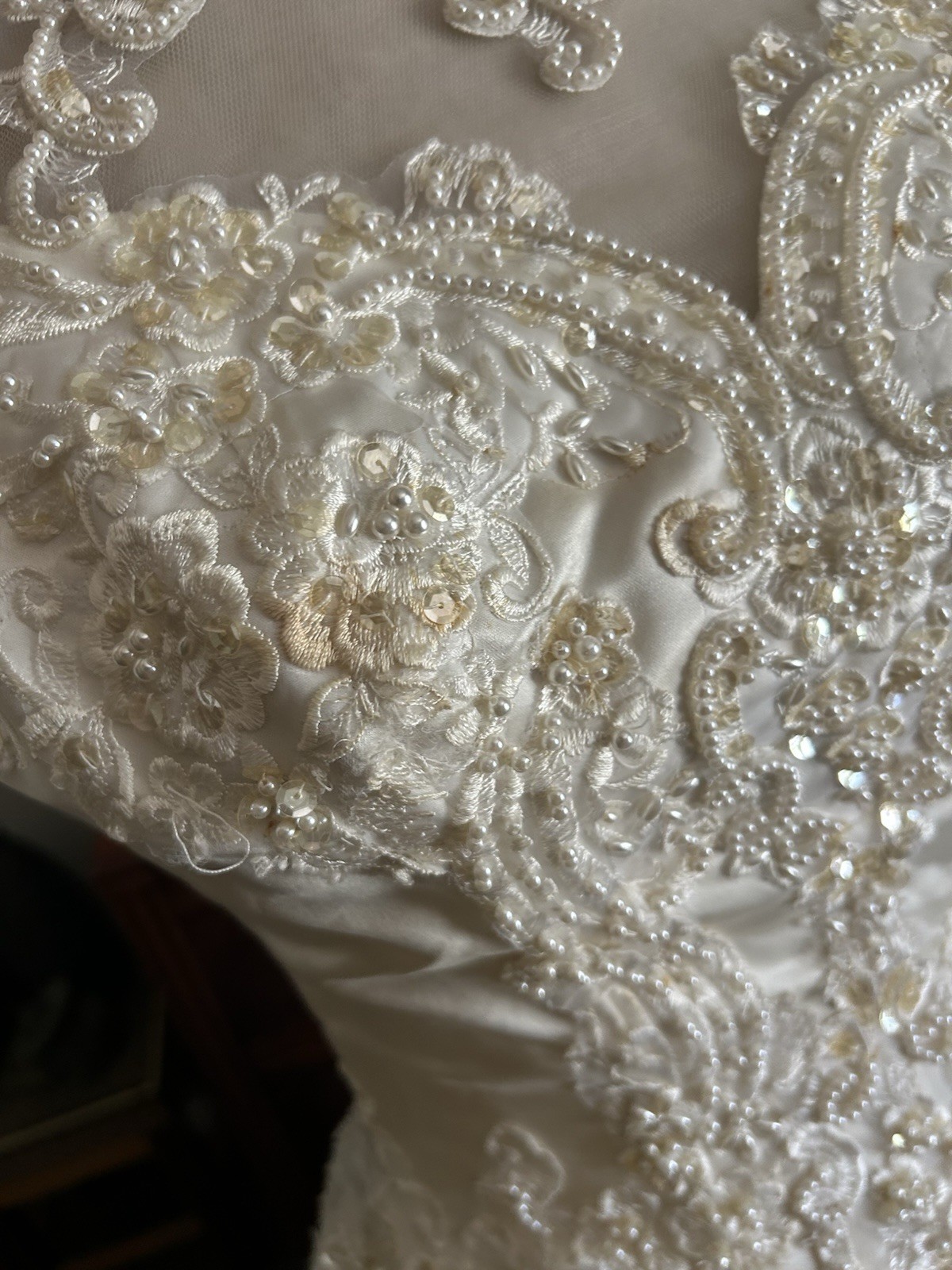 Vtg 80s Ivory Satin Beaded Bride Wedding Dress Short Sleeve Long Train Size 14