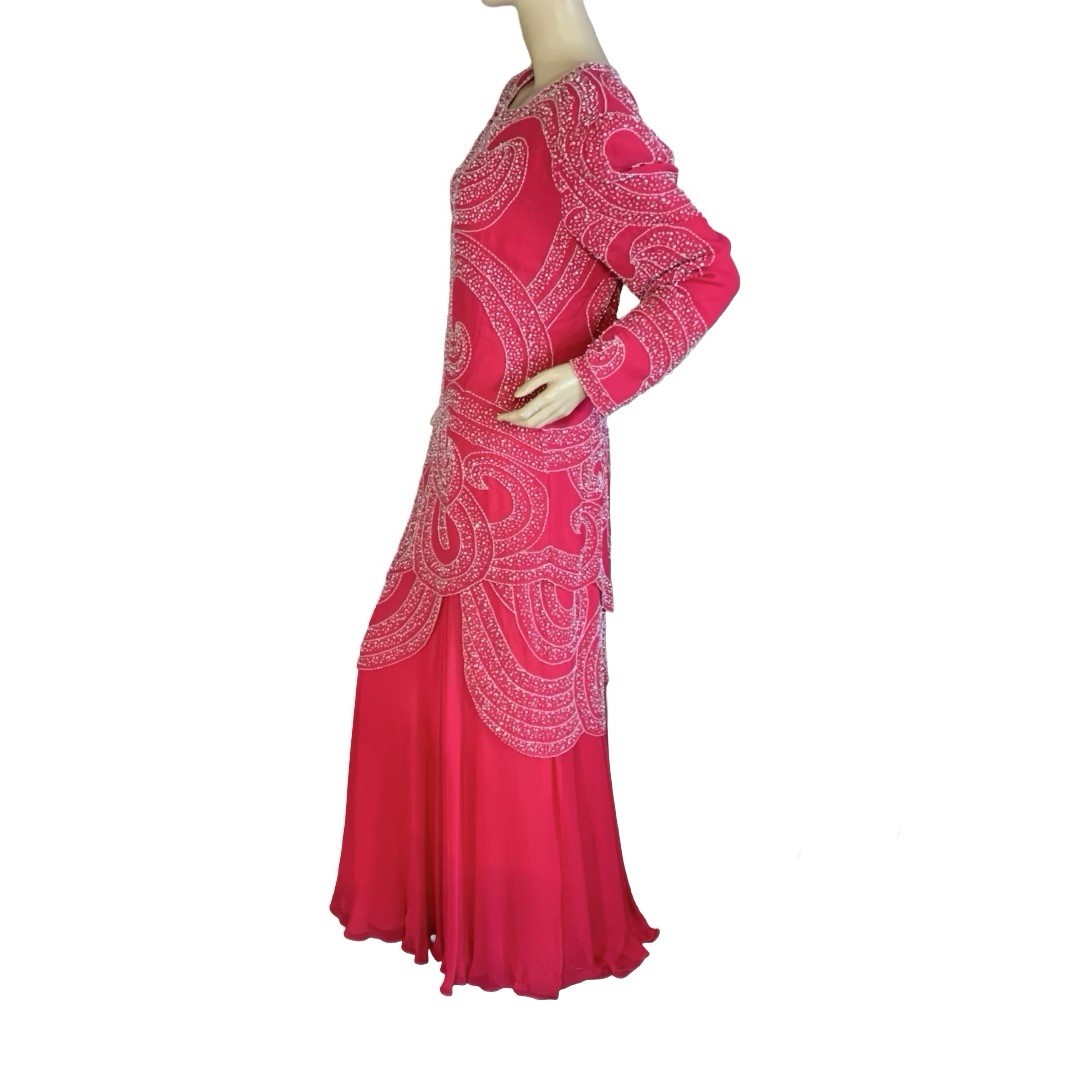 WOMEN’S VINTAGE 1980’S JACK PINK & WHITE BEADED FORMAL DRESS SIZE 14