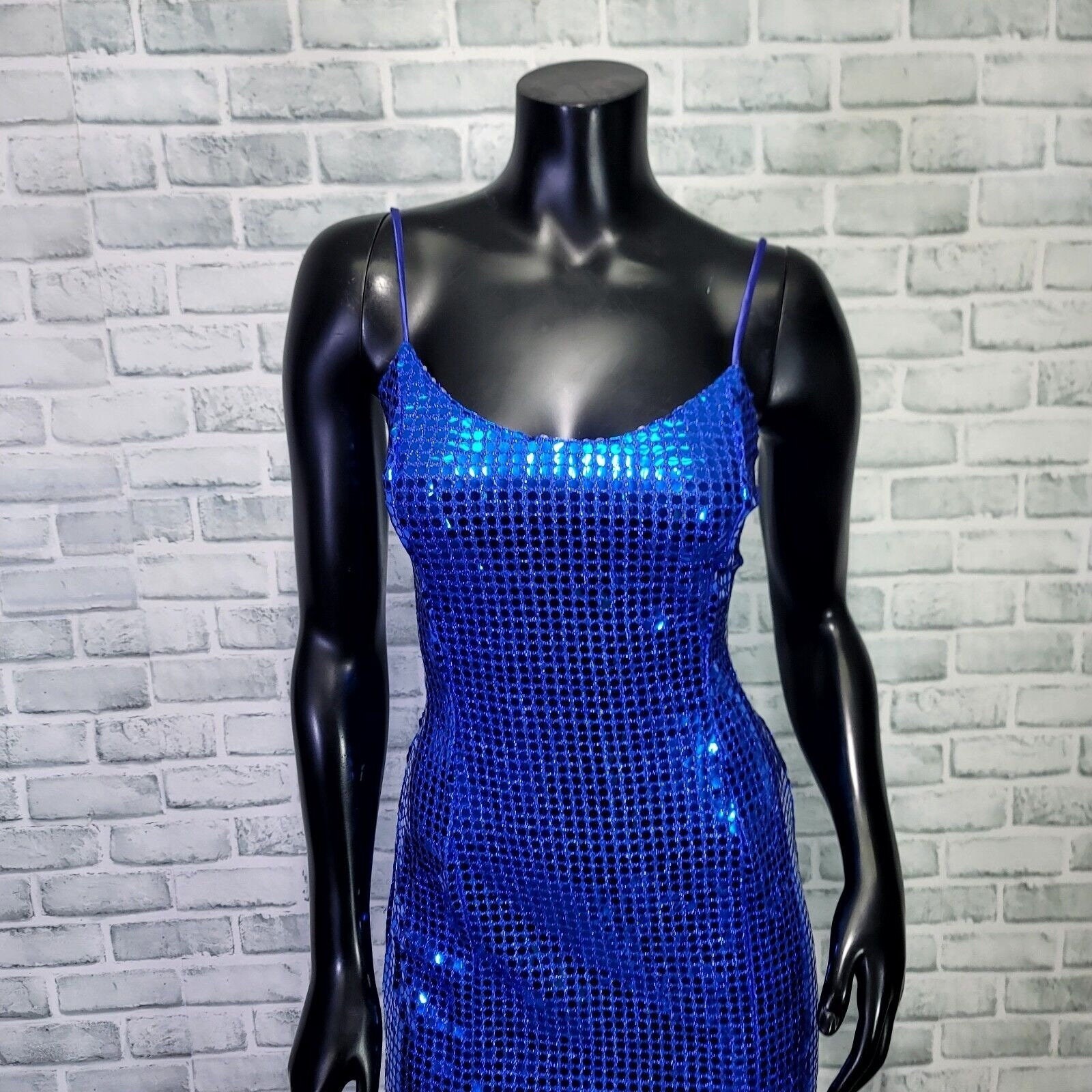 Vintage 90s L.A. Glo Blue Sequin Bodycon Maxi Dress Slit Evening Prom Sz 5/6 USA