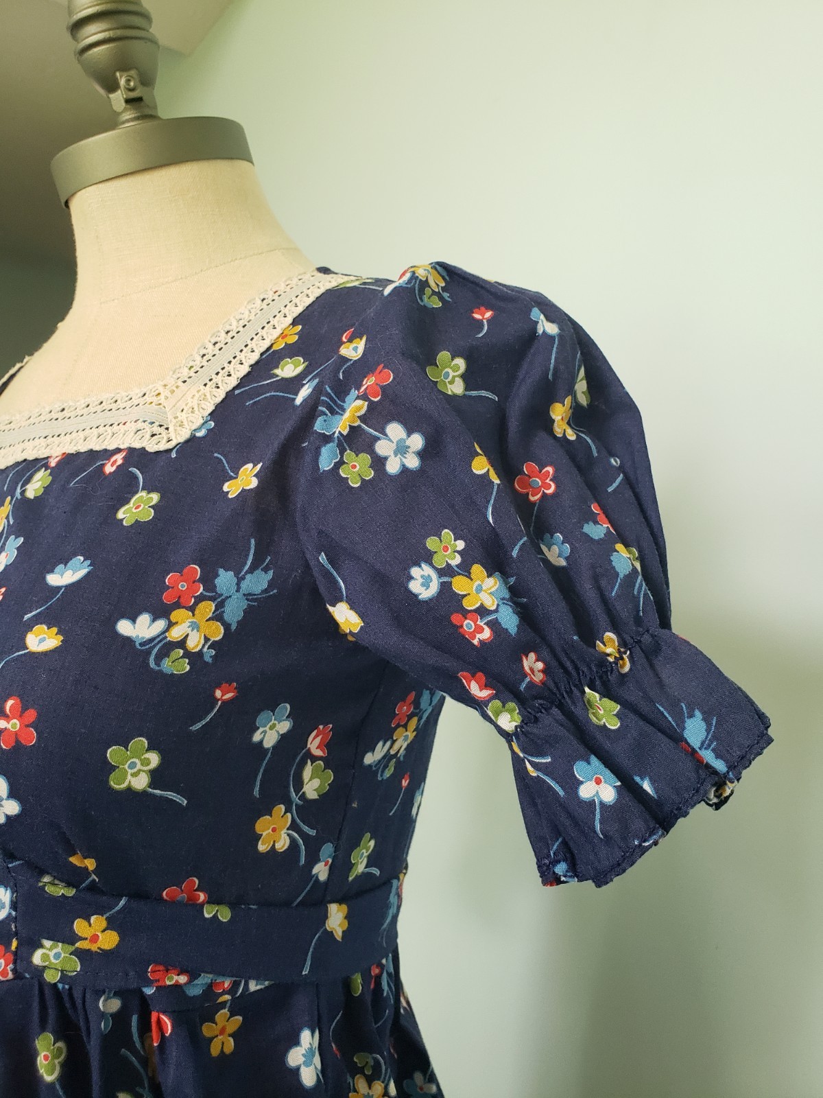 VTG 70s Spencer California Girl’s 14 Prairie Dress Maxi Blue Floral Puff Sleeve