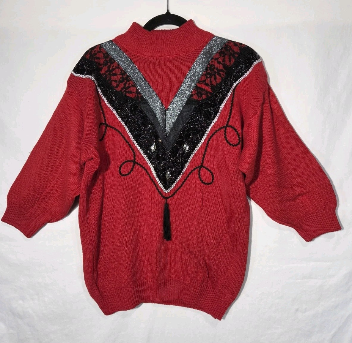 C’est Joli Too Vintage 80s Sweater Womens Med/Lrg Red Sequin Lace Tassel Glam