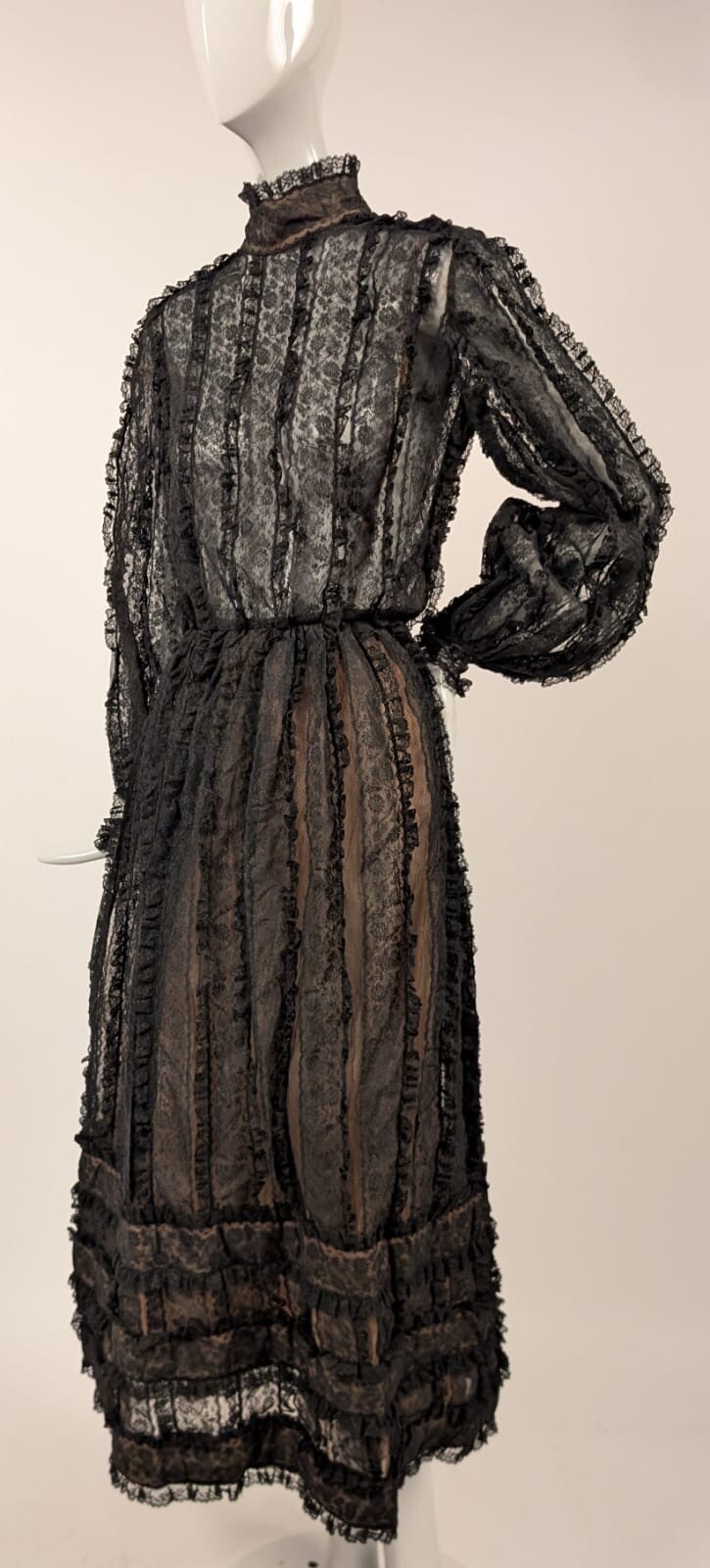 VICTORIAN REVIVAL 1970’S SHEER BLACK + CHANTILLY LACE RUFFLE DRESS W HIGH COLLAR