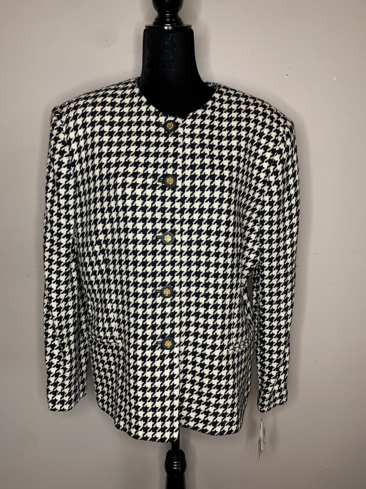 Vintage Jones New York Wool Dress Jacket Blazer Black White Houndstooth Women 16