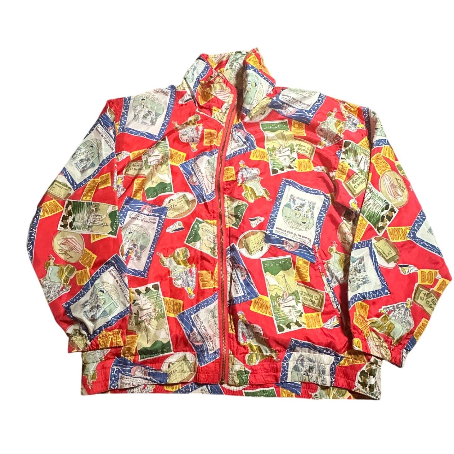 Vintage EVR Silk Bomber Jacket Red Travel Print Round the World Cruise Womens M