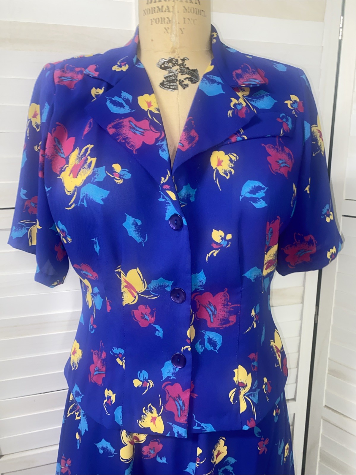 Vintage 80s JOHN RICHARD Dress Set Skirt Blouse Blue Floral Juniors 9/10 Medium