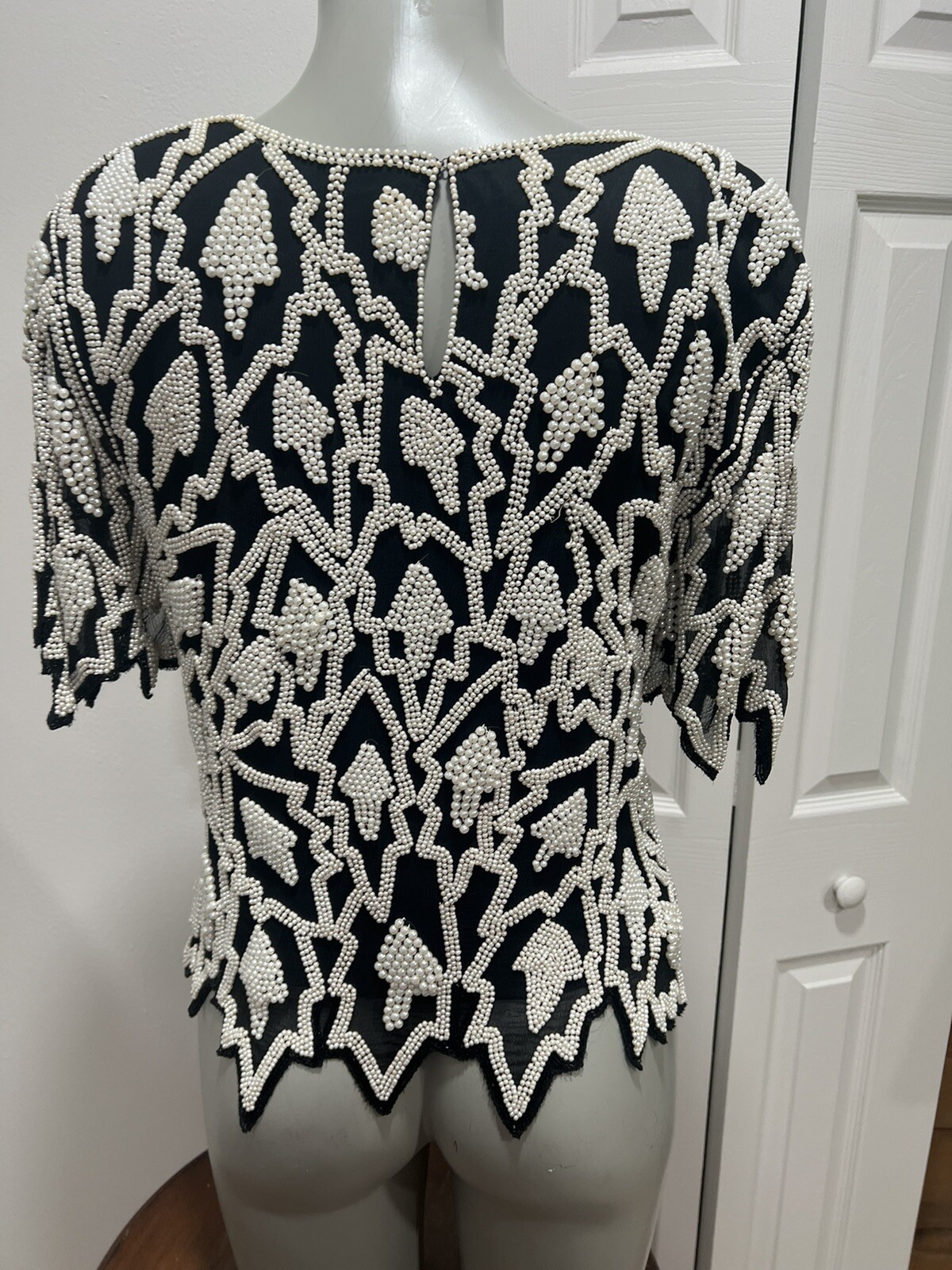Vtg 80s SweeLo Black Silk Blouse Adorned With Pearls. Zig Zag Sleeves & HemSz. L