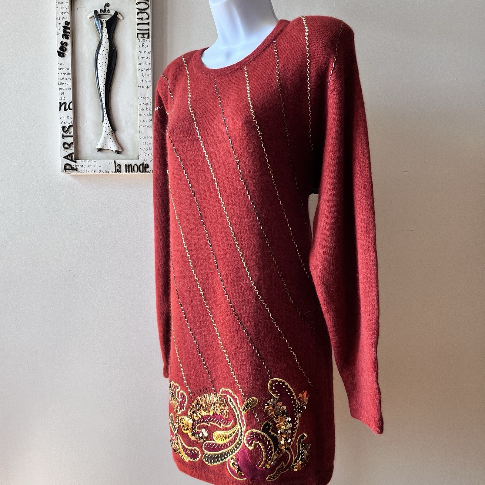 Vintage 80s Marisa Christina Collection Lambswool Sequin Sweater Dress Sz M