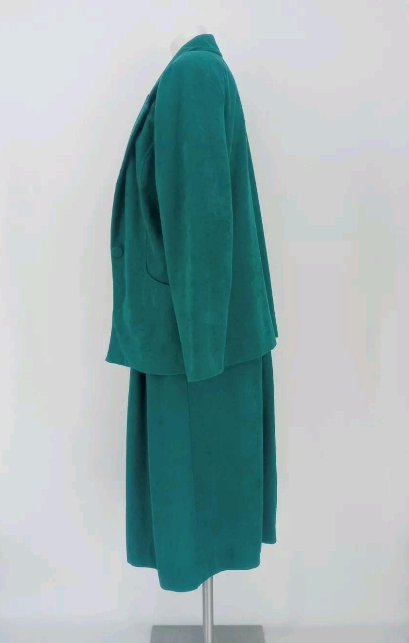 Vtg Donovan Galvani 70s 80s Teal Green Faux Suede 2-Pc Skirt Jacket Suit 14