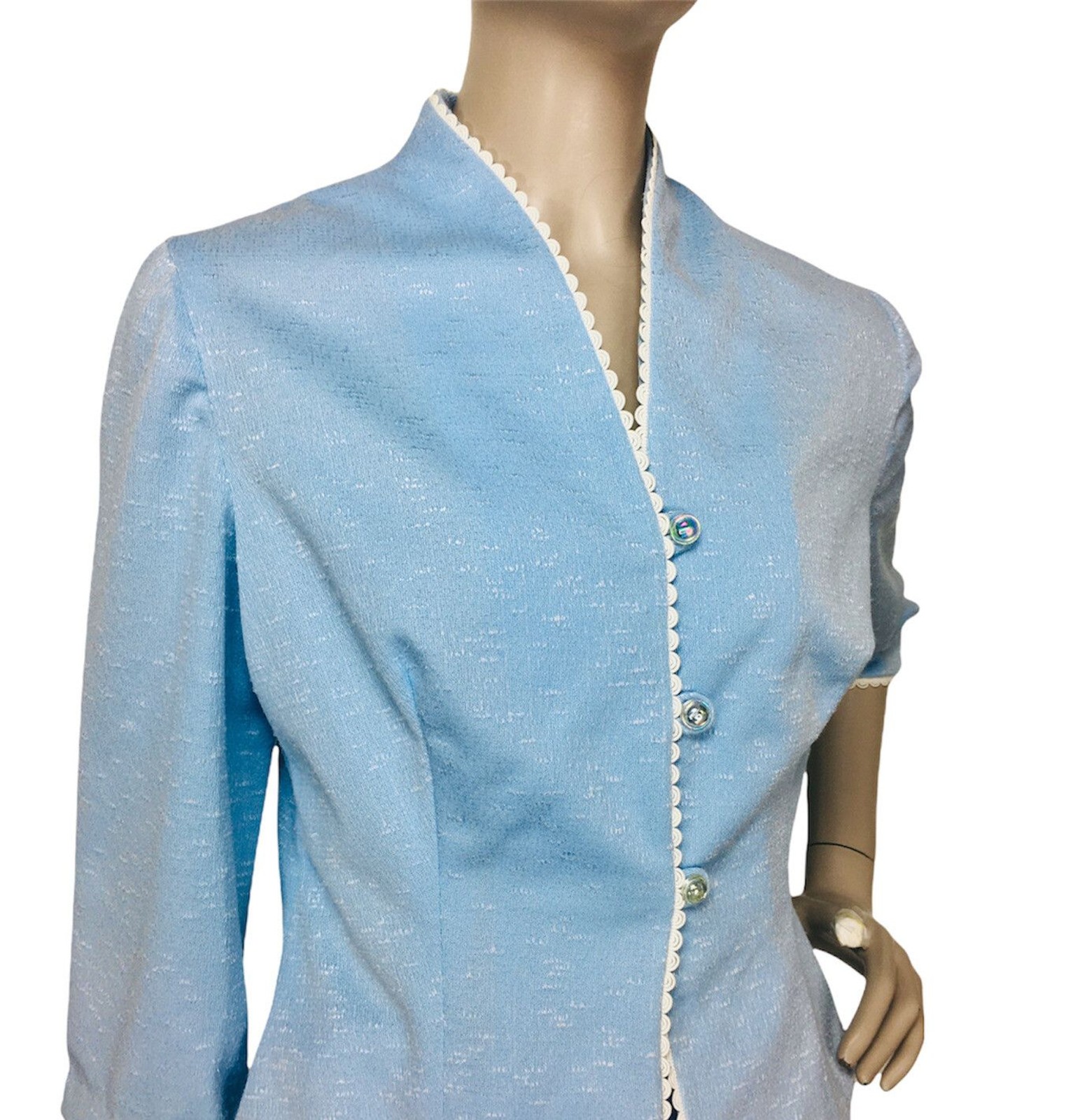 Vintage 60s Blue Rick-Rack Trim Jacket and A-Line Skirt Suit Set XS/S/M