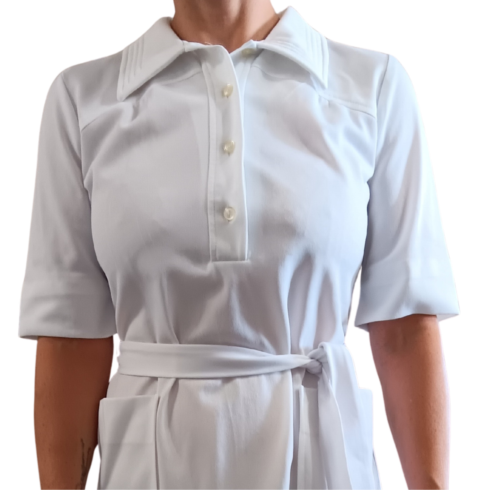 Vintage White Shirtdress Preppy Belted Dress Pockets 60s 70s