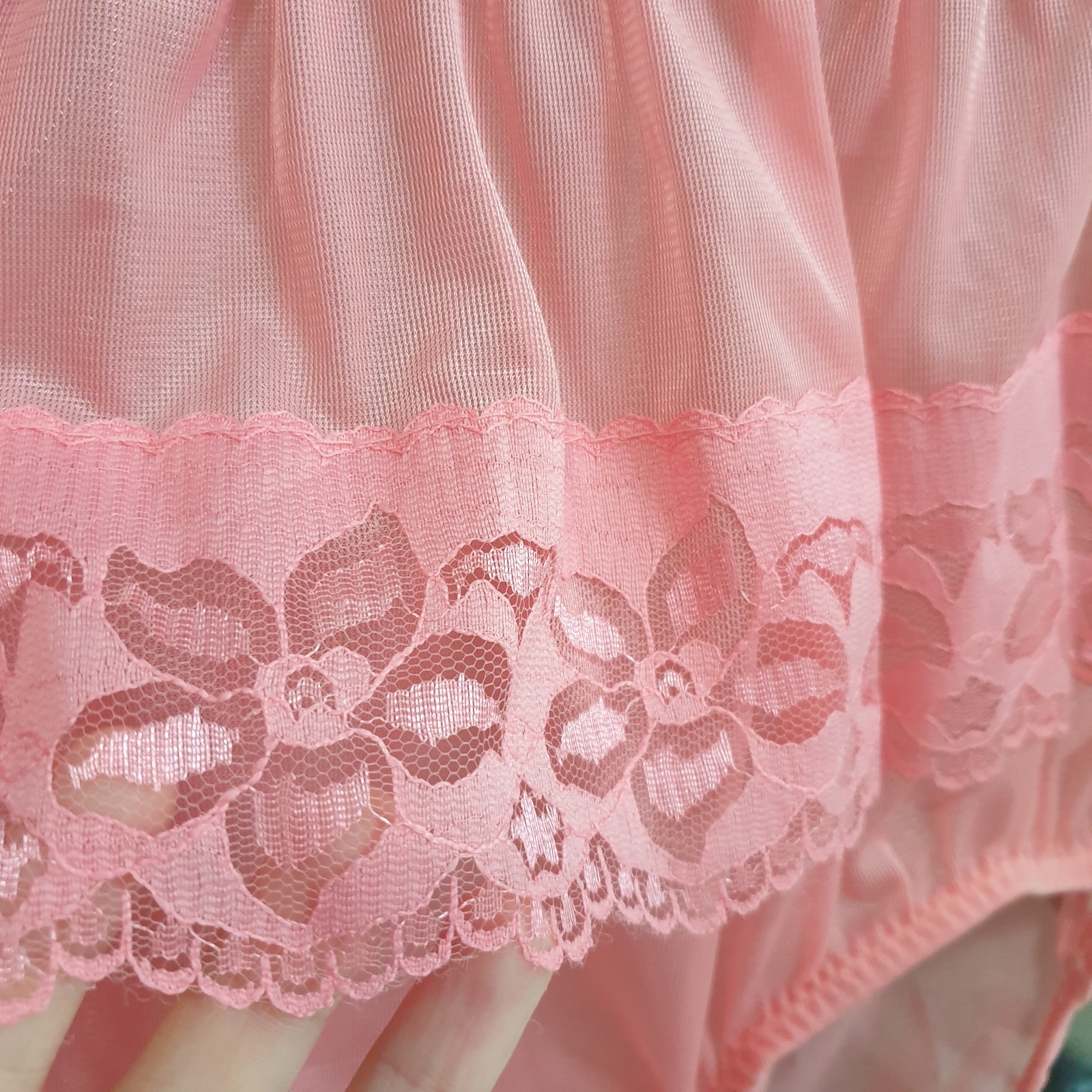 Vintage Sheer Nylon Panty Sissy Peach Floral Lace Granny Brief Sz. 8 Hip 39-43″