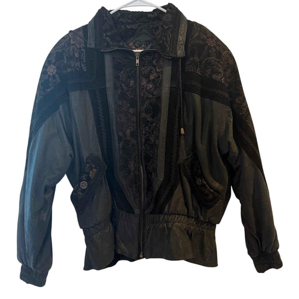 Vintage G-III Rare Leather Floral Lace Quilted Bomber Jacket Black EUC