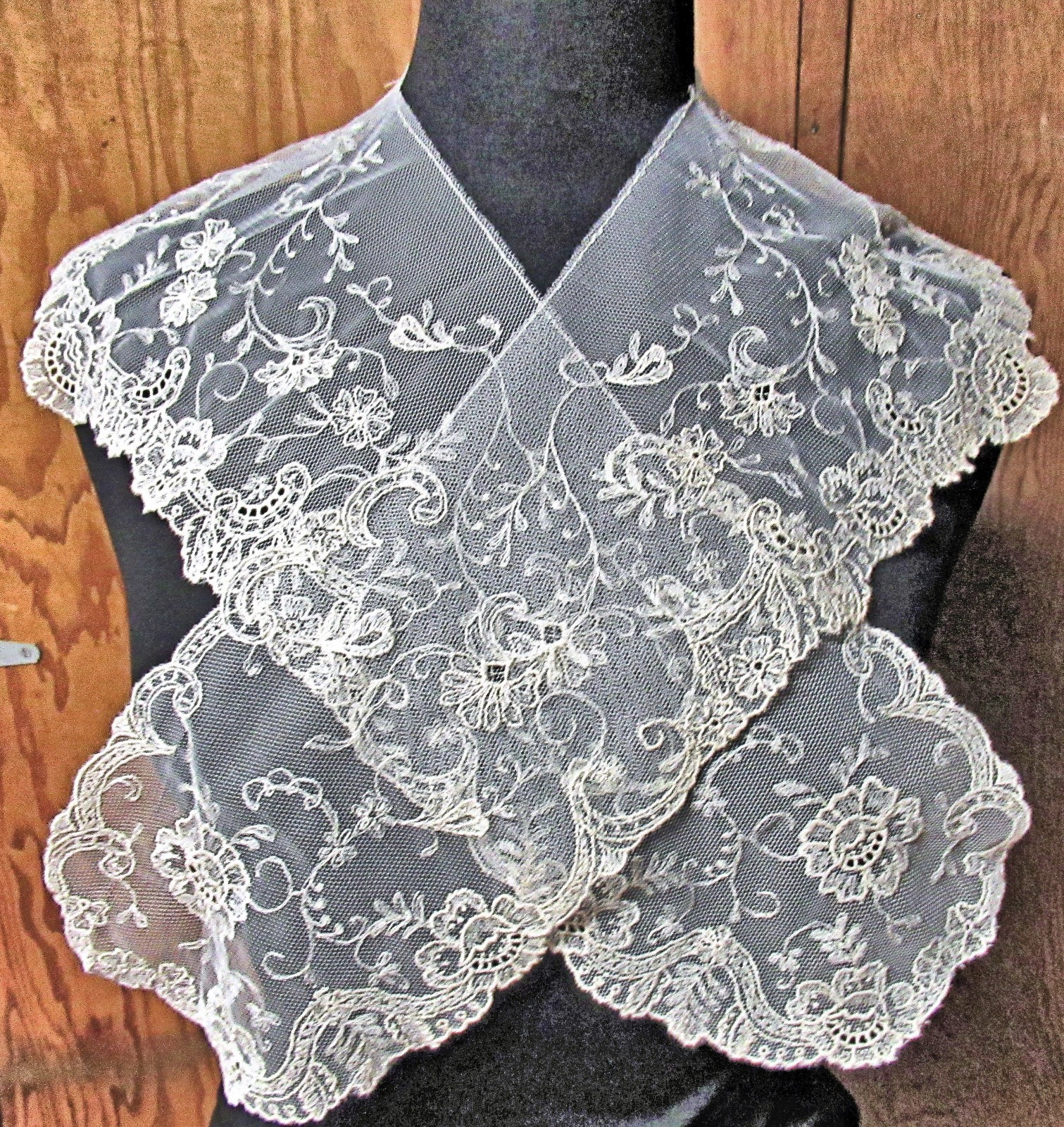 Vtg Lady’s Collar Lappet Scarf Limerick Lace Floral Embroidered Net
