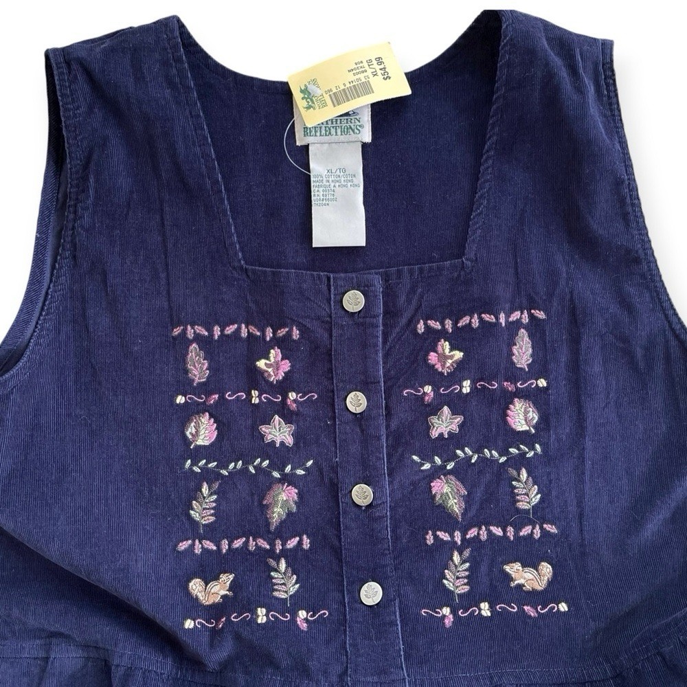 Vintage 90s NWT Northern Reflections Dark Blue Corduroy Embroidered Jumper Dress