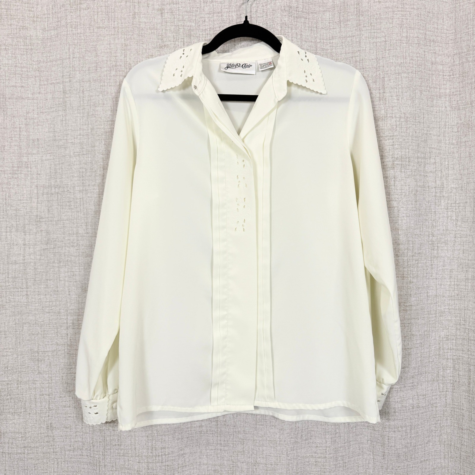 Vtg Yves St. Clair Cream Eyelet Lace Blouse Long Sleeve Pleated Top Sz 8 Cottage
