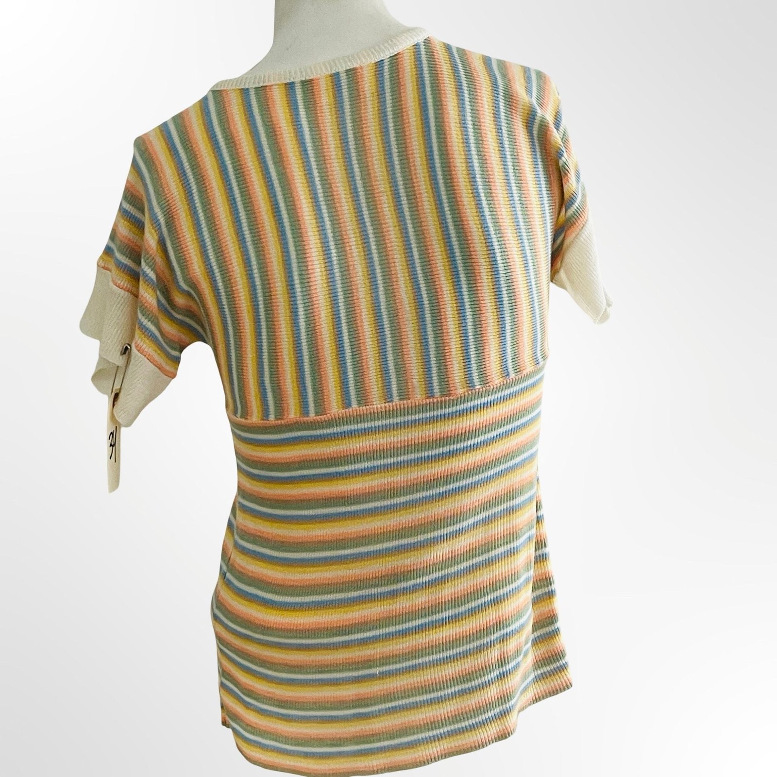 Vintage 1970s Lover’s Leap Ltd. Striped Knit Short Sleeve Top w Bamboo Buttons