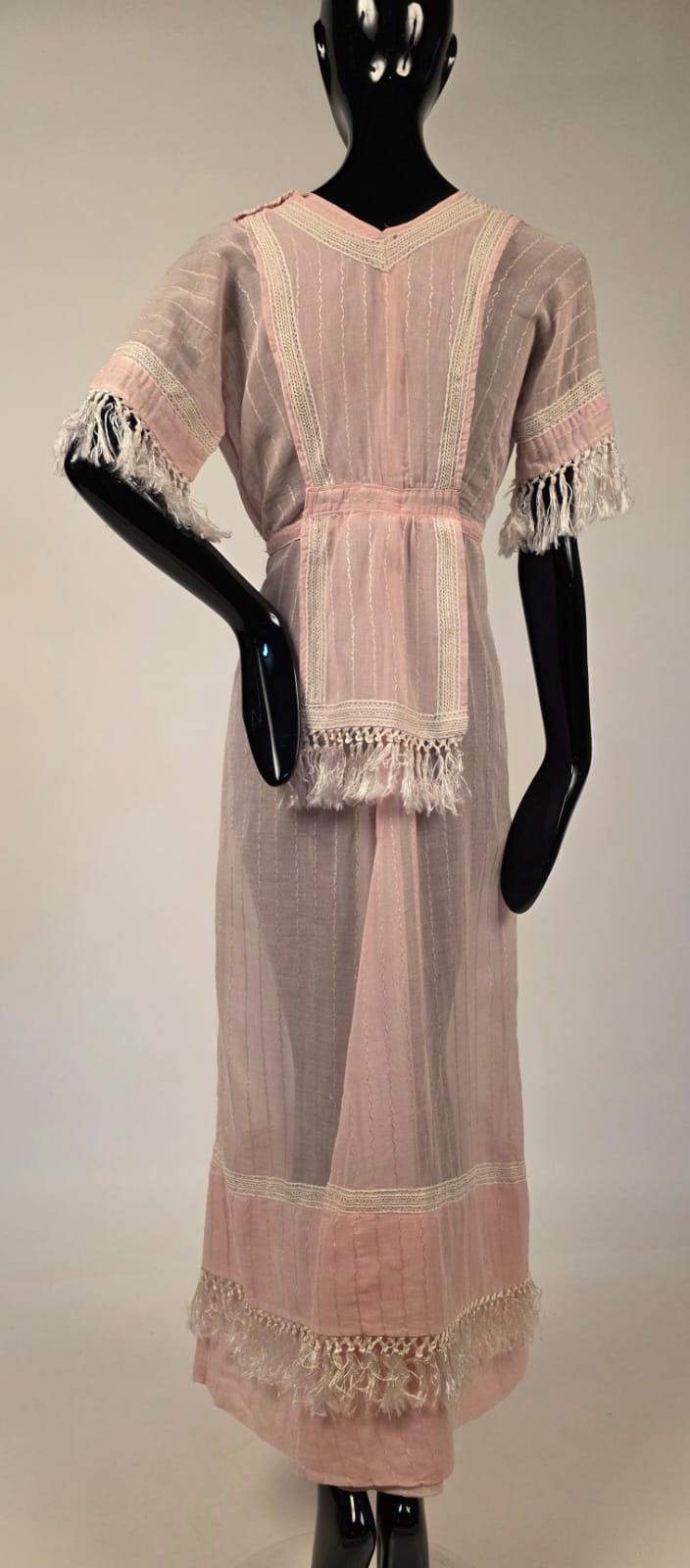 EDWARDIAN PALE PINK STRIPED MUSLIN DRESS W SILK TASSEL FRINGE TRIM