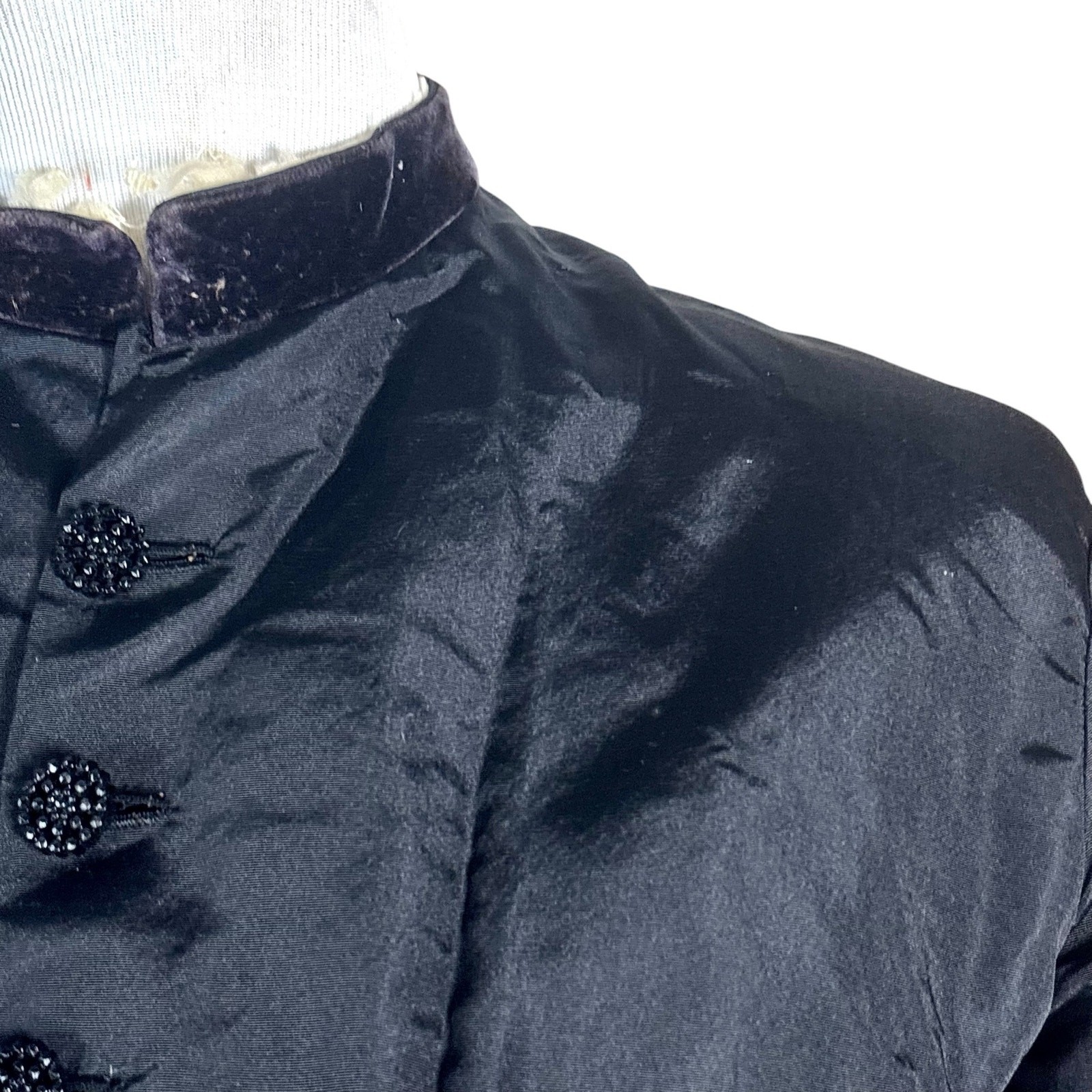 Antique 1890s Victorian Black Silk Mourning Coat Jet Beaded Tailcoat Jacket