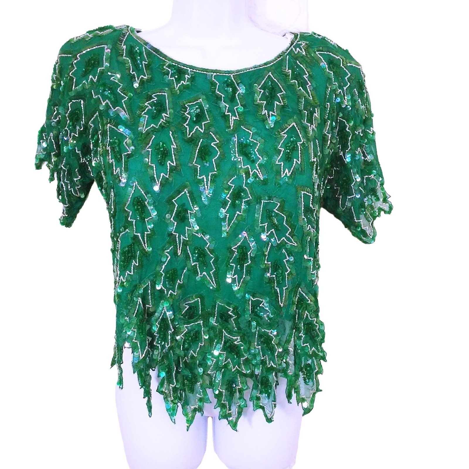 Vintage 80s Scala 2-pc Set Gatsby Silk Sequin Beaded Leafy Blouse Skirt -M Teal