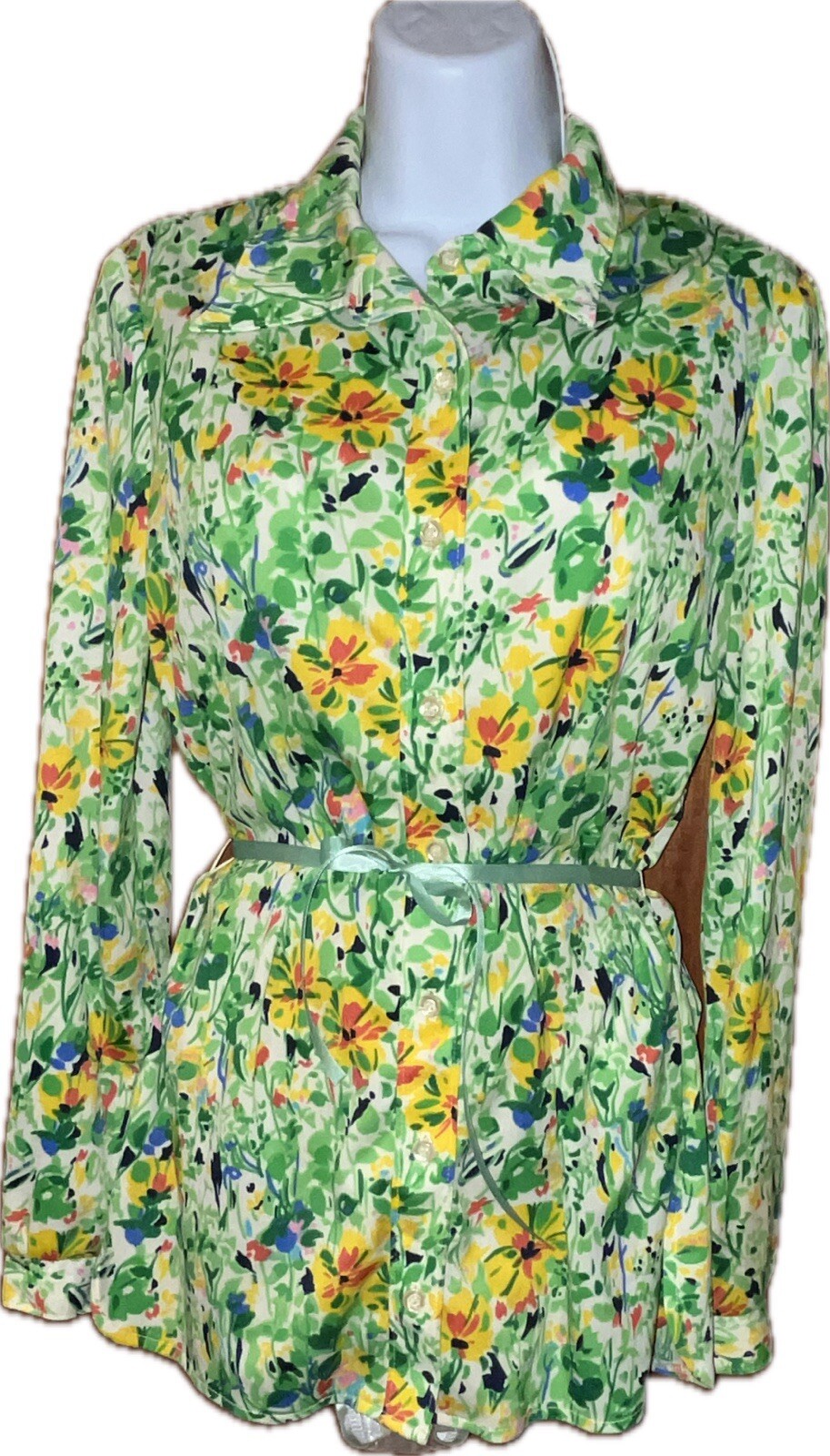Vtg 60s 70s Tunic Top Shirt Center Stage Poly Bold Floral Garden Green L 42