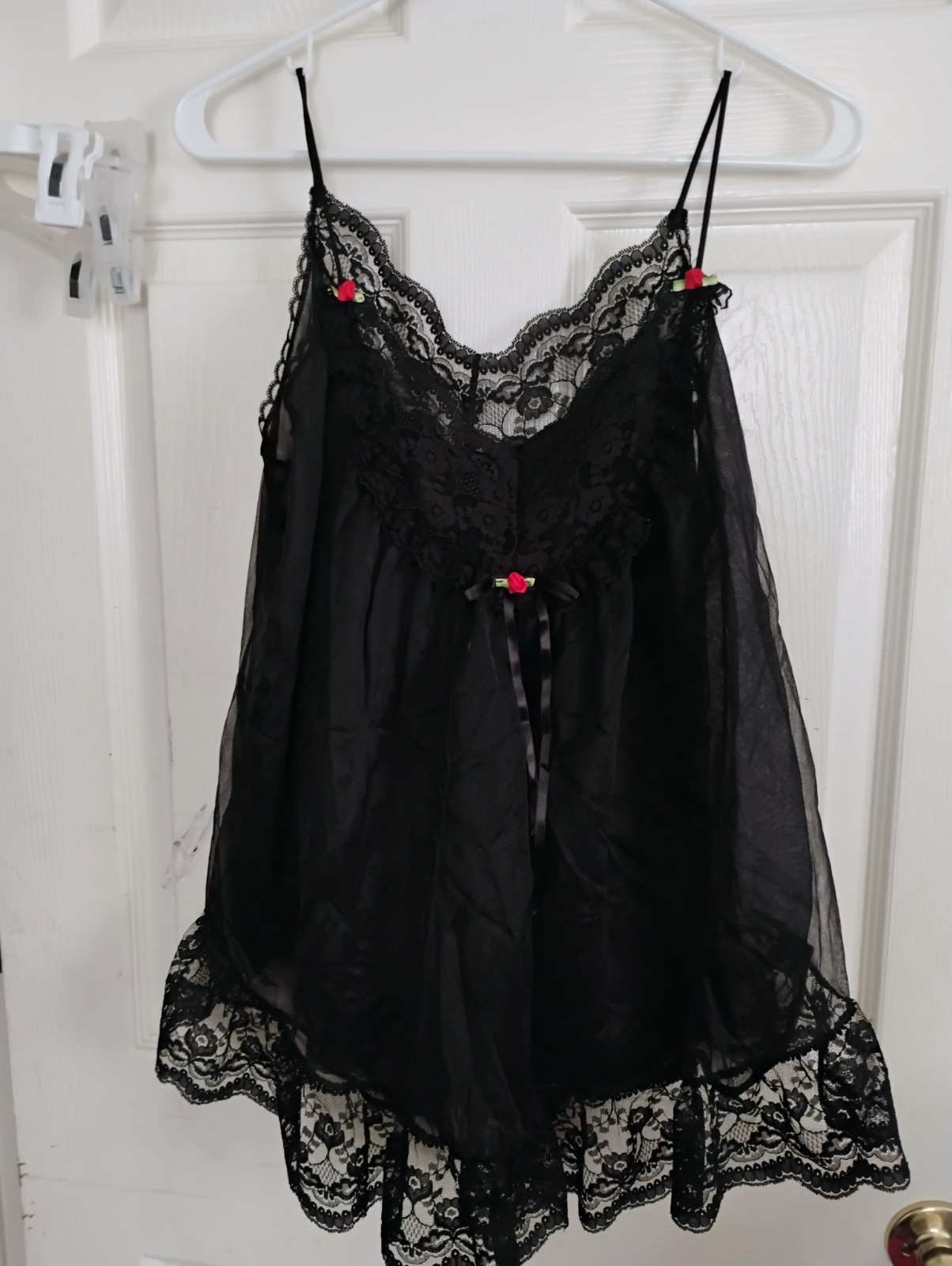 Vintage Val Mode Lingerie M Black Chiffon Lace Slip Nightgown