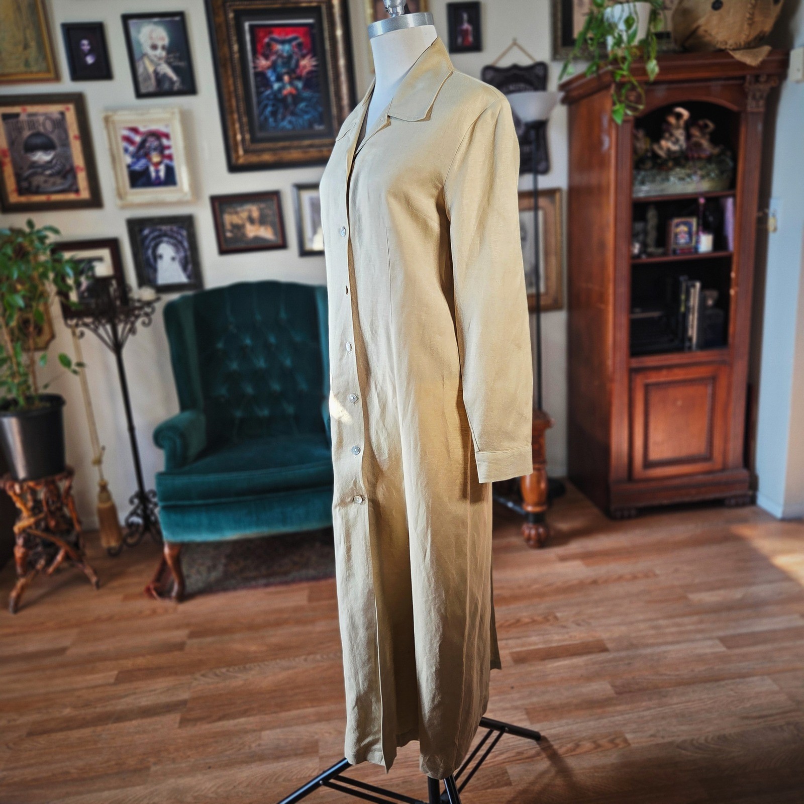 Styleworks Maxi Dress Vintage 90s Tan Linen Rayon Button Front Long Sleeve 12