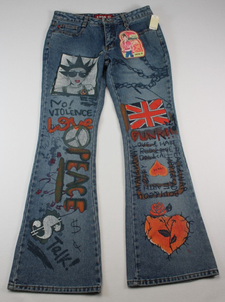 NEW Vintage y2k ZANA DI Britain Punk Peace Painted Flare Denim Jeans Sz 7 30W