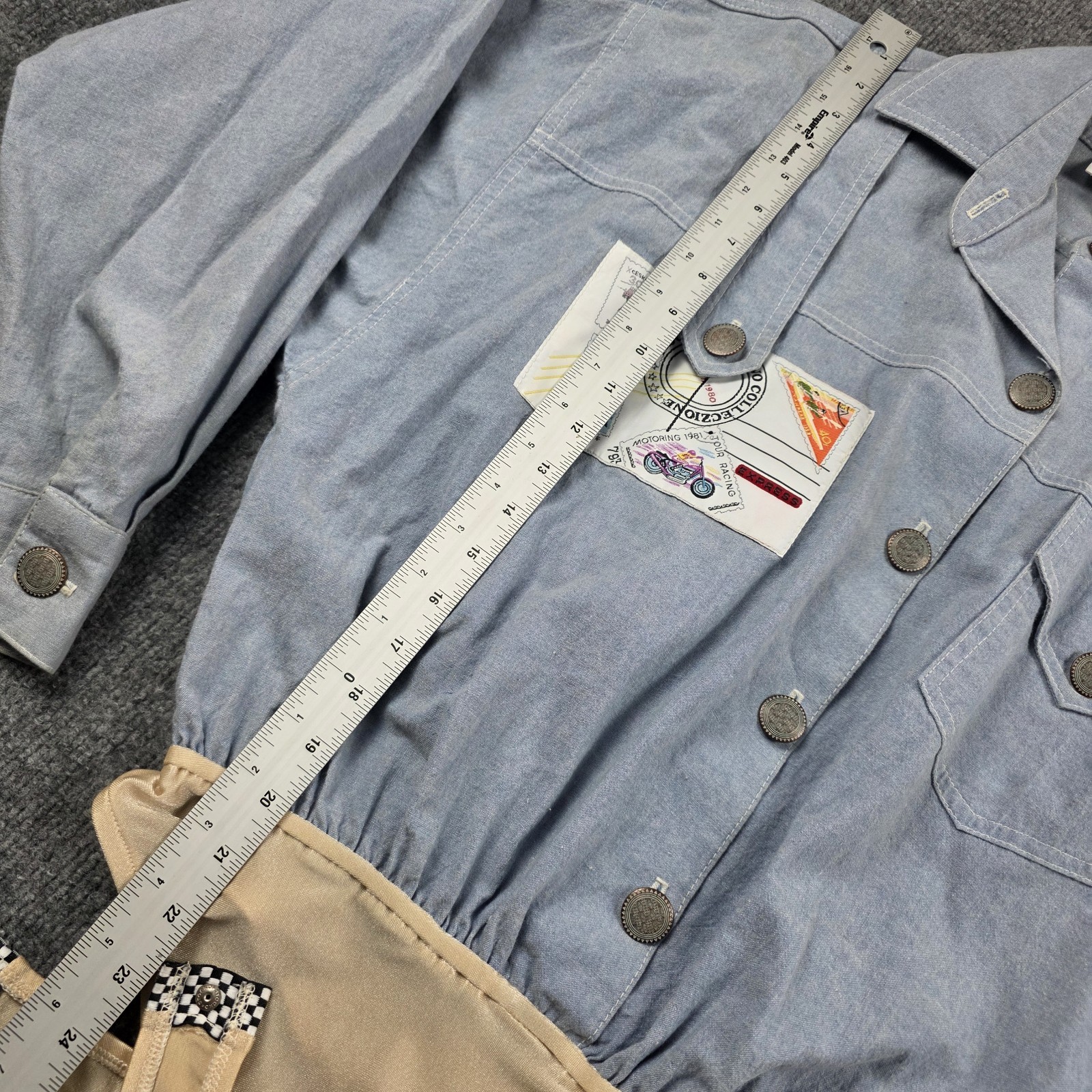 Madness Vintage USA Chambray Bodysuit Womens S Artsy Travel Americana Patches