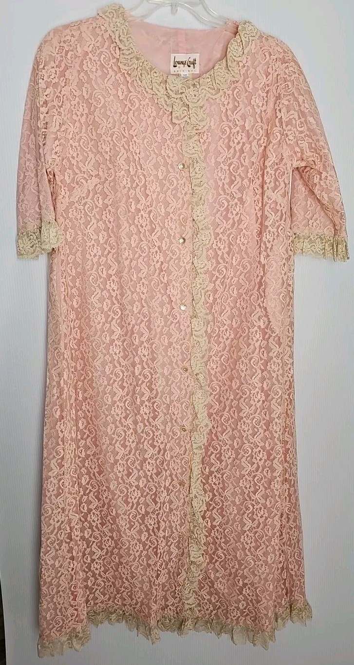 Lounge Craft Peignoir Robe House Coat Dressing Gown Sz Medium Pink Beige Lace