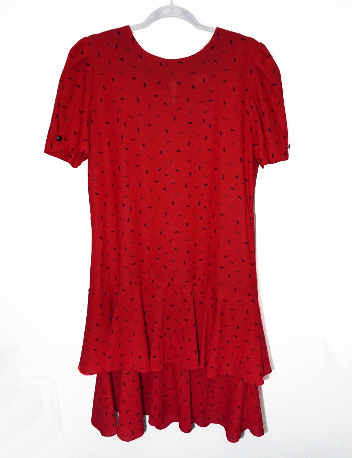 Vintage 80s Twee Red Drop Waist Dress Puff Sleeves Teacher Ruffles Womens 14