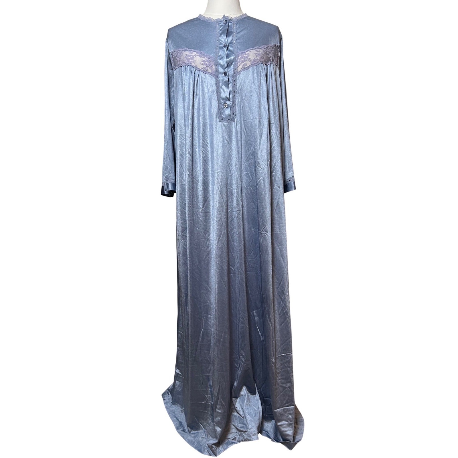 VTG Deadstock NWT Blue Satin Lace Trim Long Sleeve Nightgown Sleep Dress 38-40