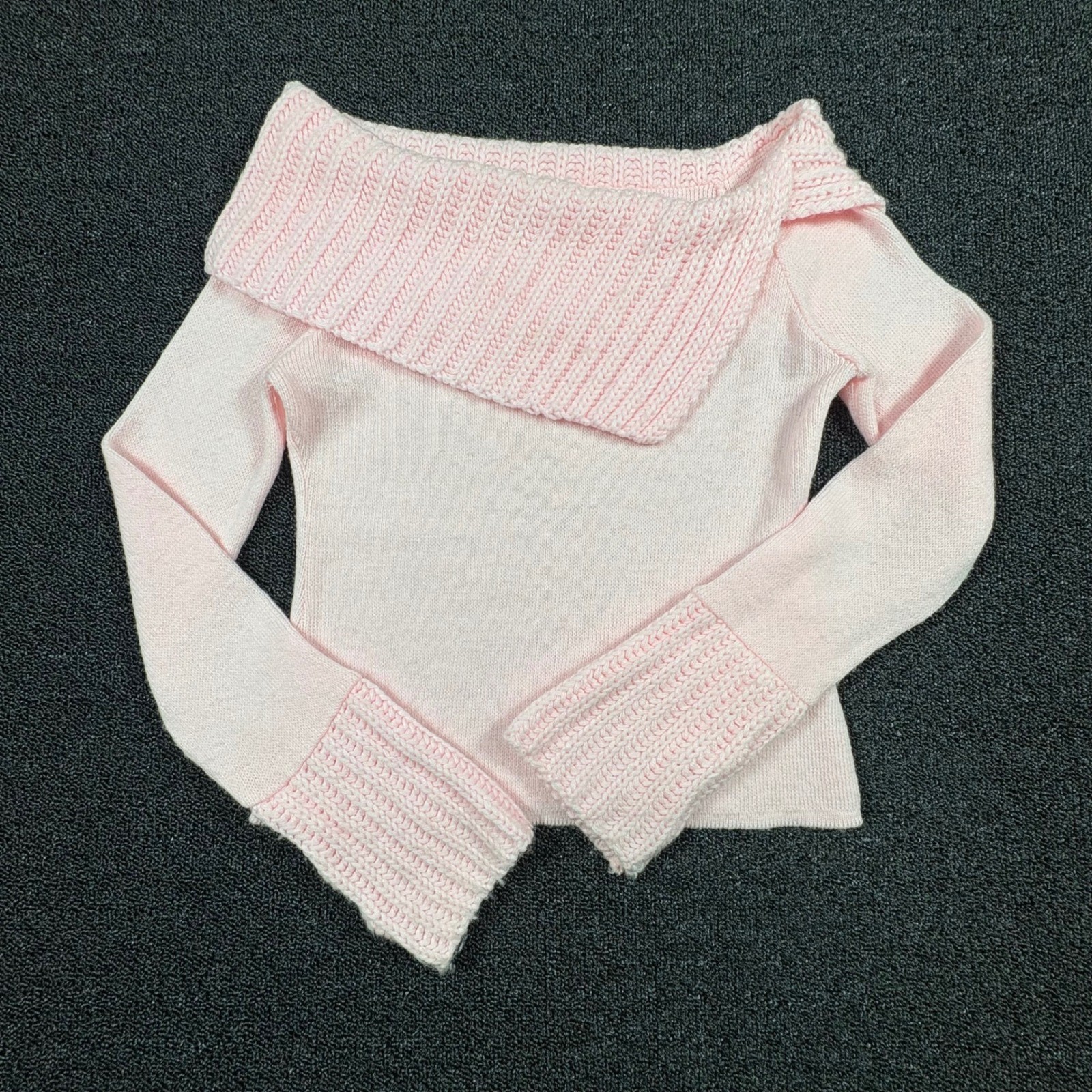 Vintage Say What? Ribbed Portrait Collar Sweater Womens S Bell Sleeve Baby Pink