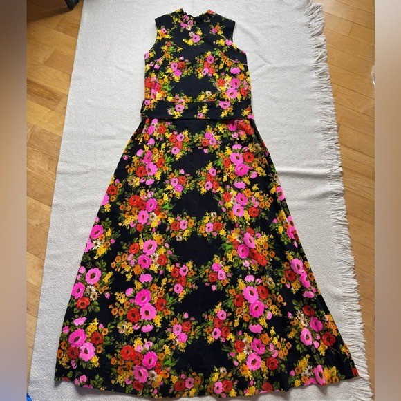 VTG 70s Black Neon Floral Pleated Ruffle Maxi Dress XS Retro Mod Handmade