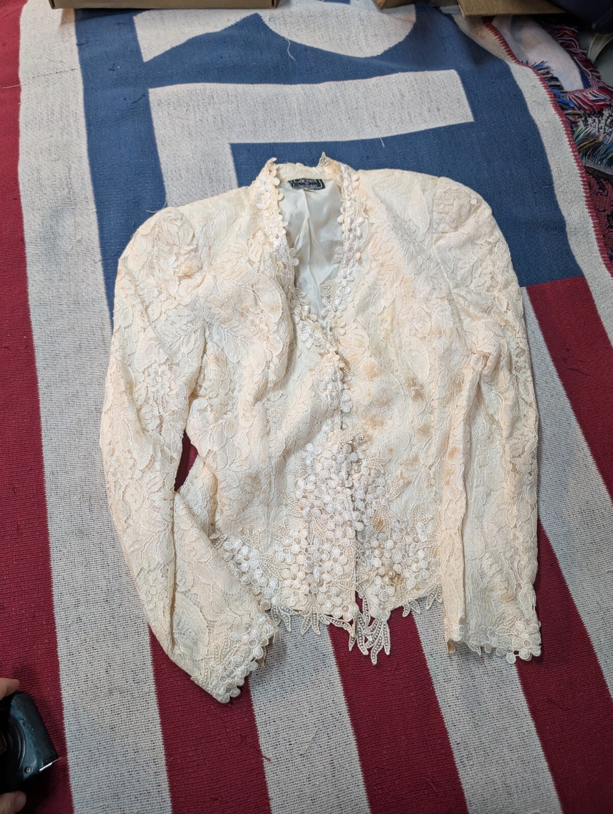 Vintage Cachet by Bari Protas Cream Lace Beaded Wedding Top Shirt Size 11/12 70s