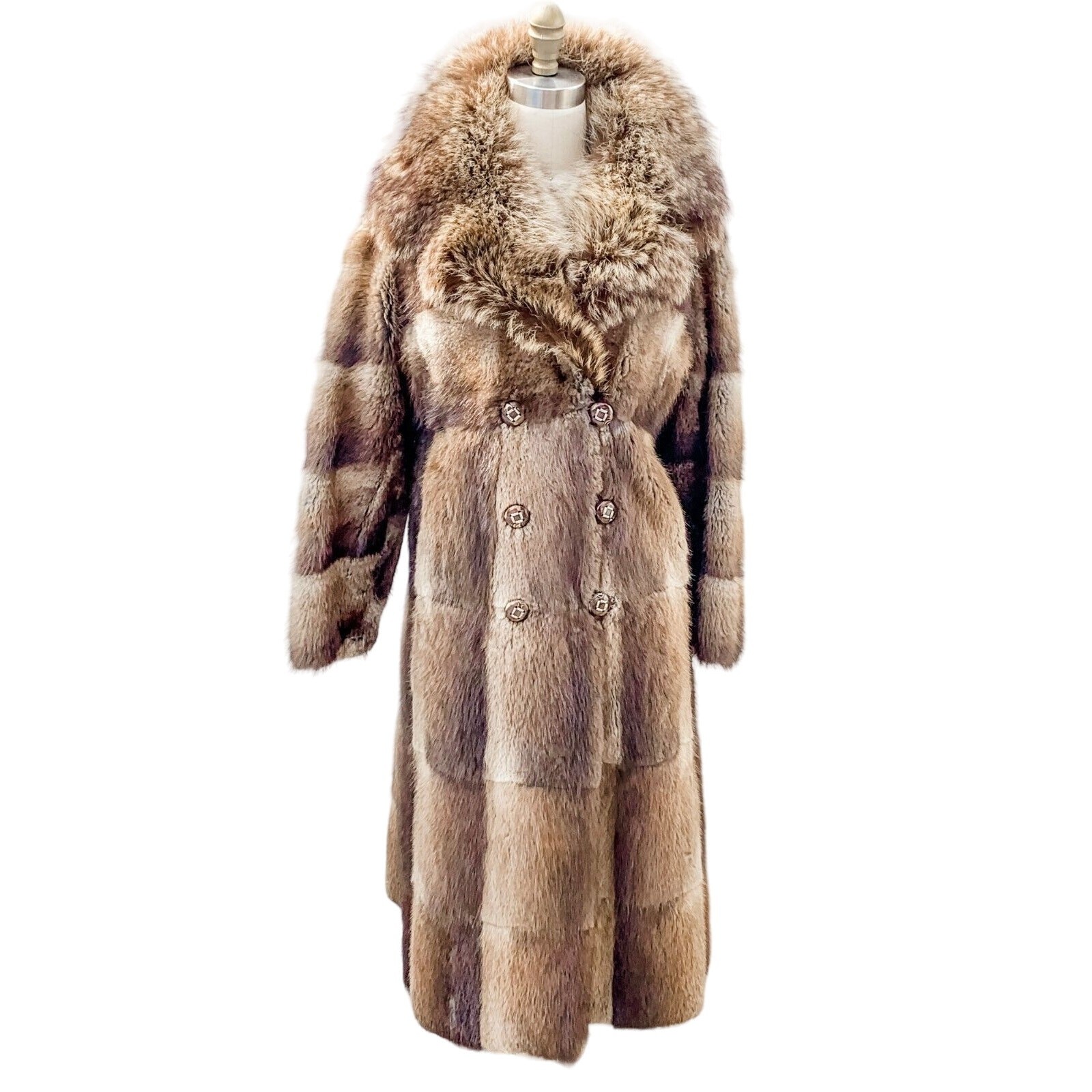 VTG 70s Beaver Fur Patchwork Coat Raccoon Collar Trench Boho Glam S M