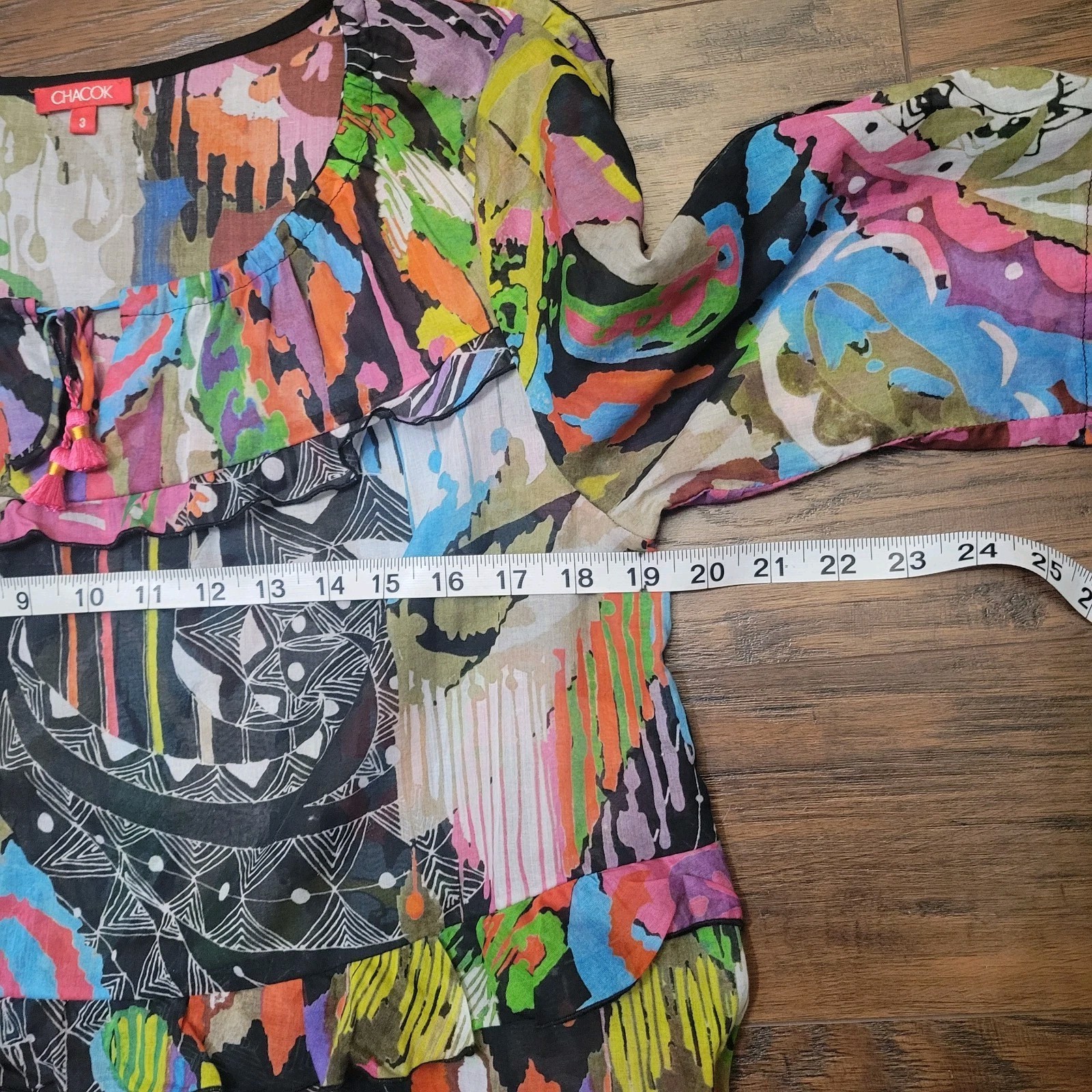 EUC Chacock Mixed Prints Ruffled Blouse Cotton S/M Tassles Tie Neck Abstract