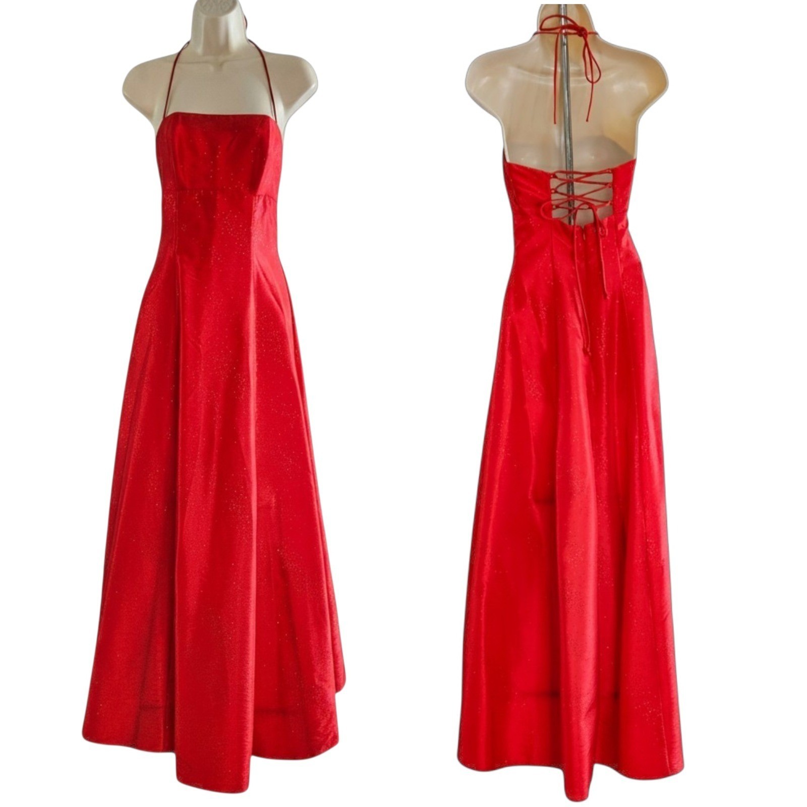 Zum Zum Niki Livas Y2K Red Shimmer Halter Gown XS/S Corset Lace Up Back Dress
