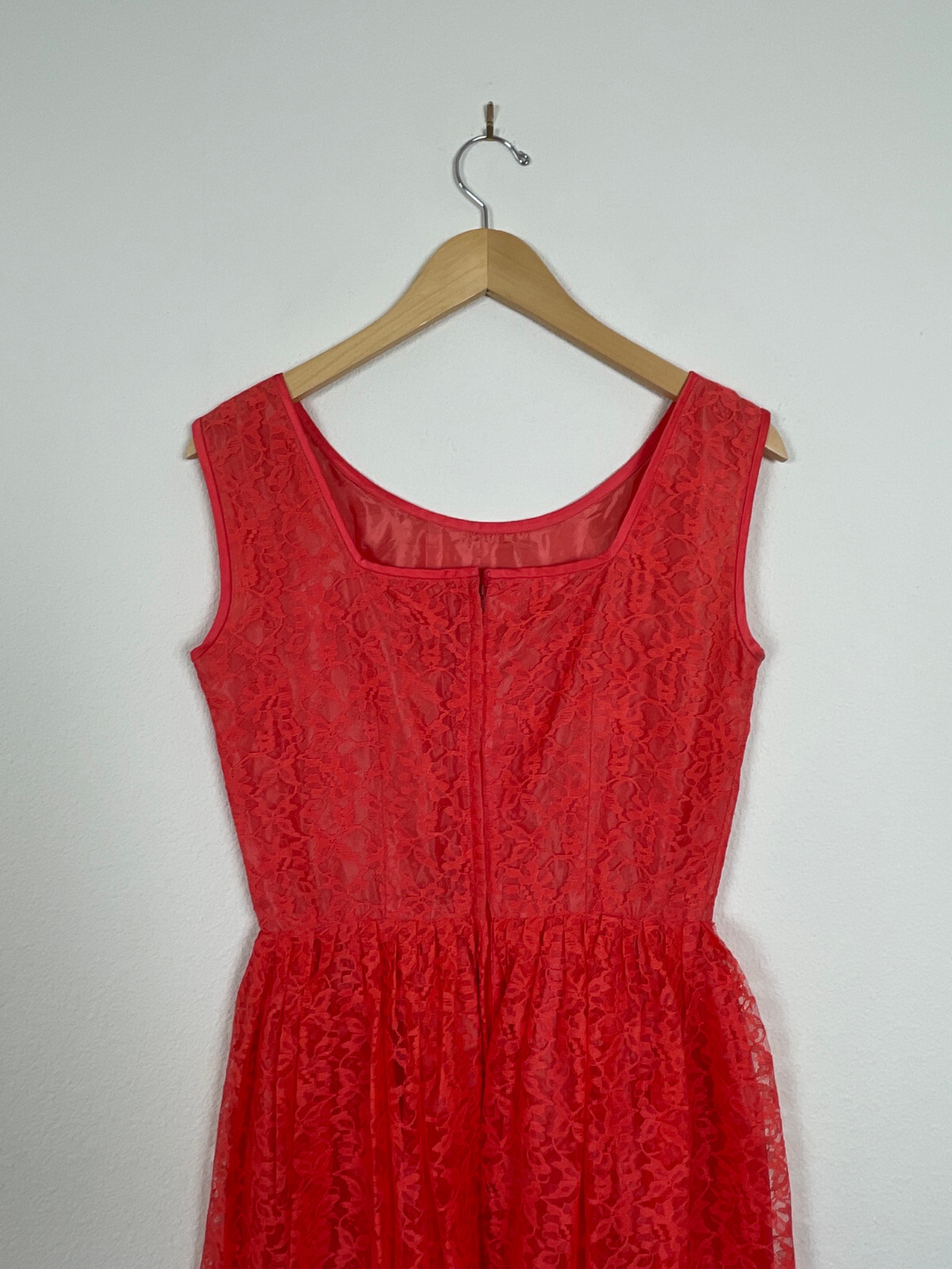 Vtg 50s CORAL LACE Dress J. Harlan Rockabilly Pinup Red Party Sheer Sexy 1950s