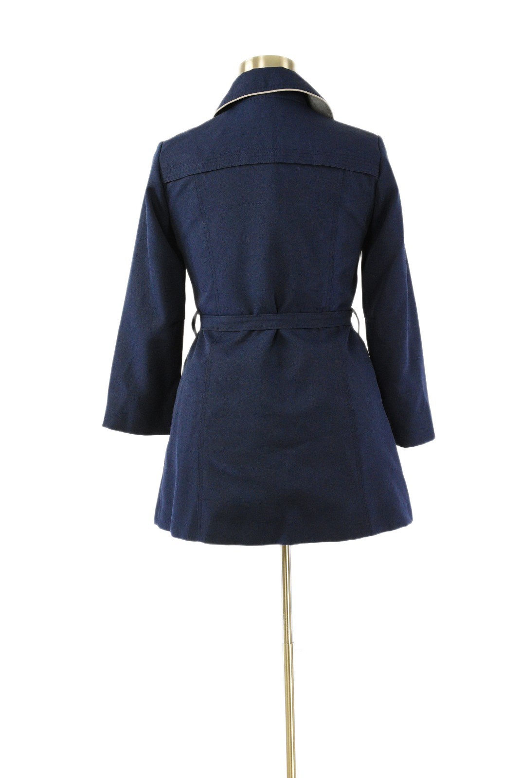 70s Vintage Gabardine Jacket Womens M Navy Blue Trench Coat Gray Piping Belted