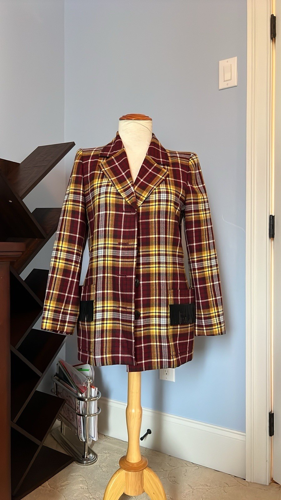 YSL Vintage Red/Yellow Plaid Fringe Blazer FR 38