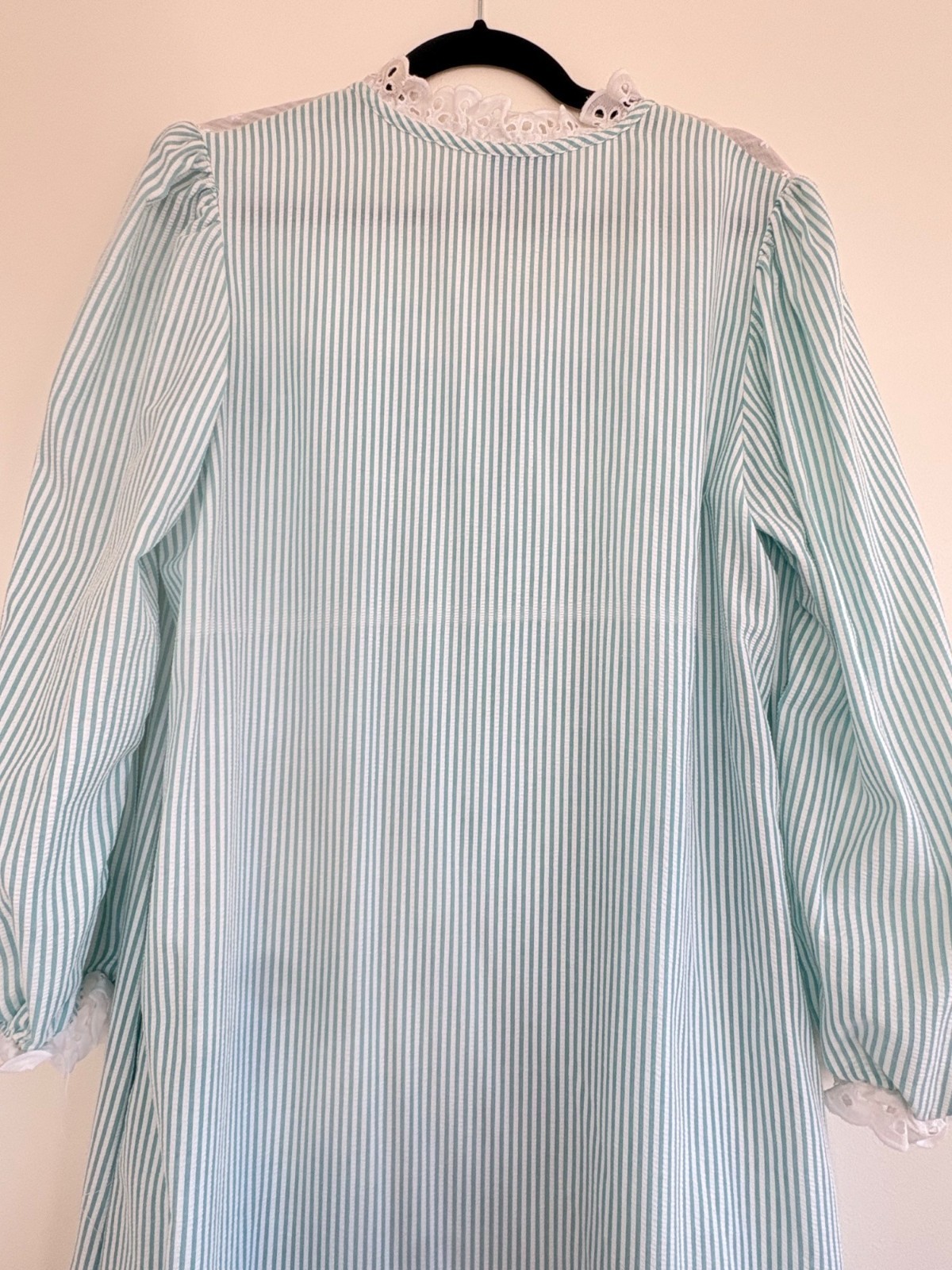 Vintage Diana Hopkins Seersucker Prairie Dress Aqua Stripe Eyelet Lace Cottage N