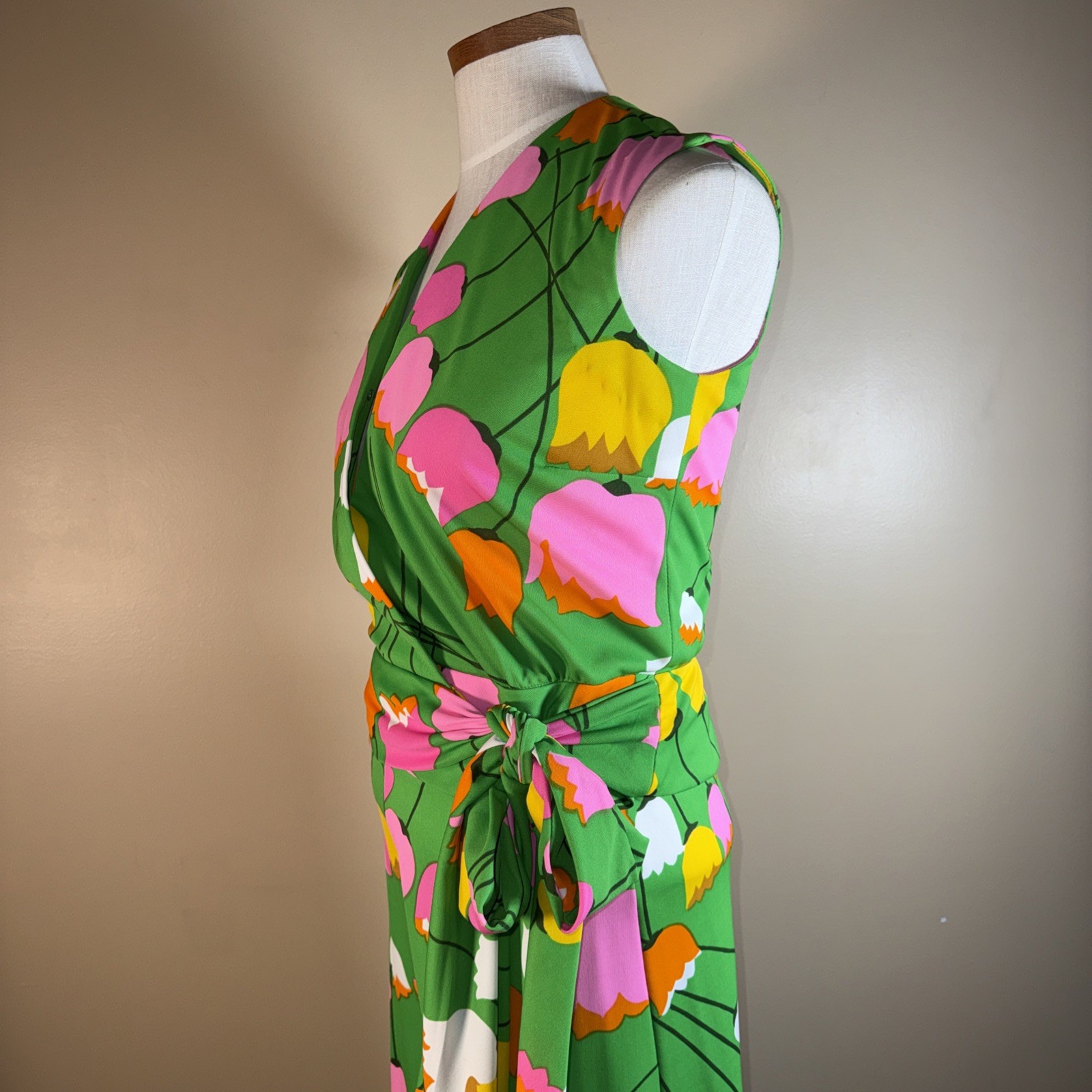 Vintage 60s Mod Tulip Floral Wrap Top Wide Leg Palazzo Pants Set S XS 2/4 W-26″