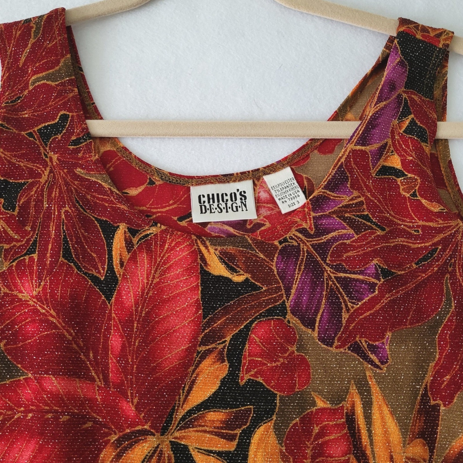 Vintage Chico’s Design Top Size 3 = XL Sparkle Shimmery Tropical Floral Tank