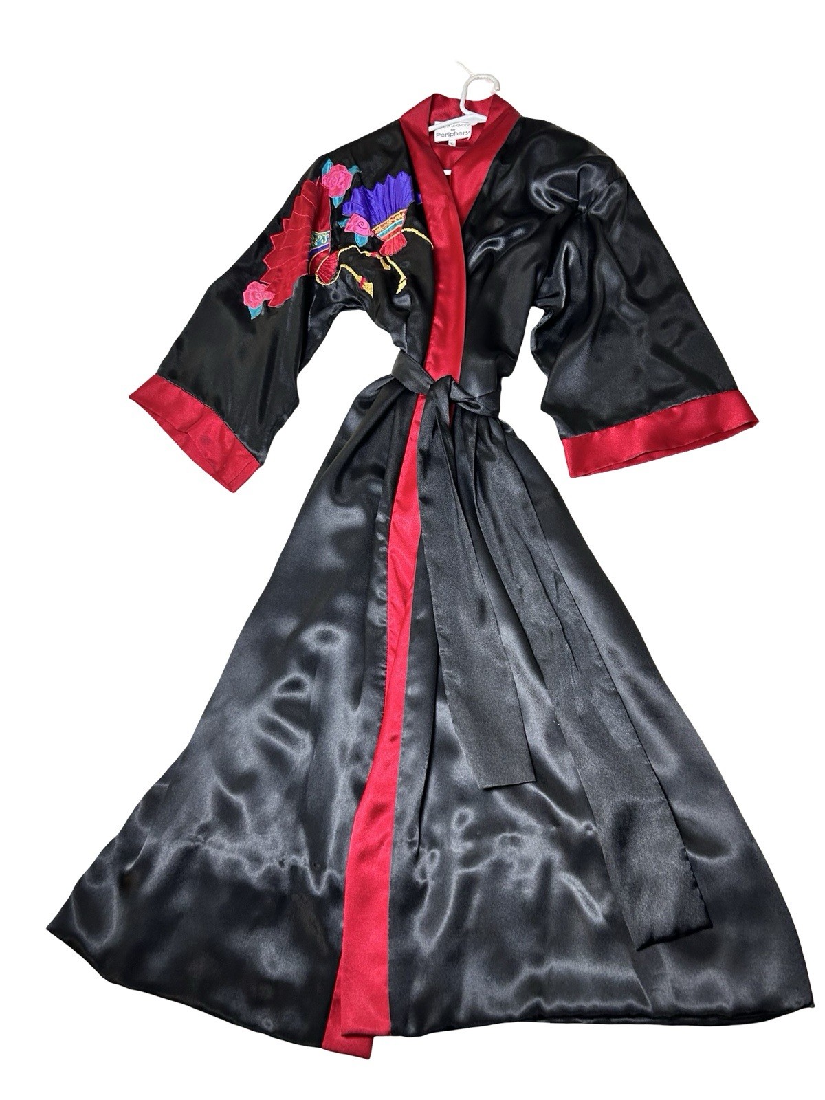 VTG Kathleen U. Satin Full Lenght Kimono Robe Size L Black Red Fans Applique